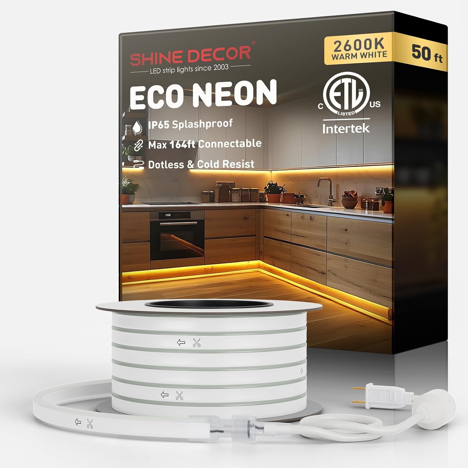 Shine Decor LED Neon Rope Lights Connectable, 131.2FT Flexible AC 110V 120V Neon LED Strip Lights(Warm White) Outdoor Waterproof