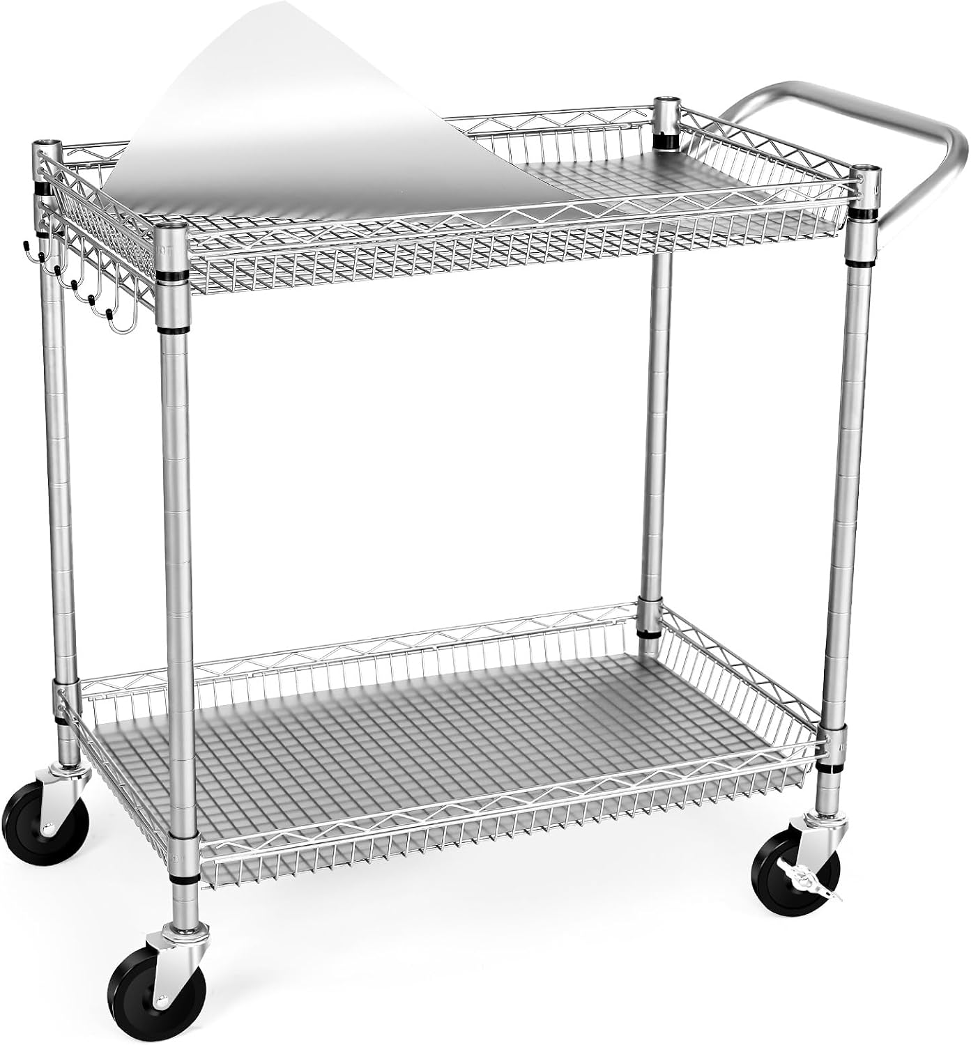 WDT 990Lbs Capacity Heavy Duty Rolling Utility Cart, NSF Rolling Carts with Wheels, Commercial Grade Metal Cart with Handle Bar and Shelf Liner