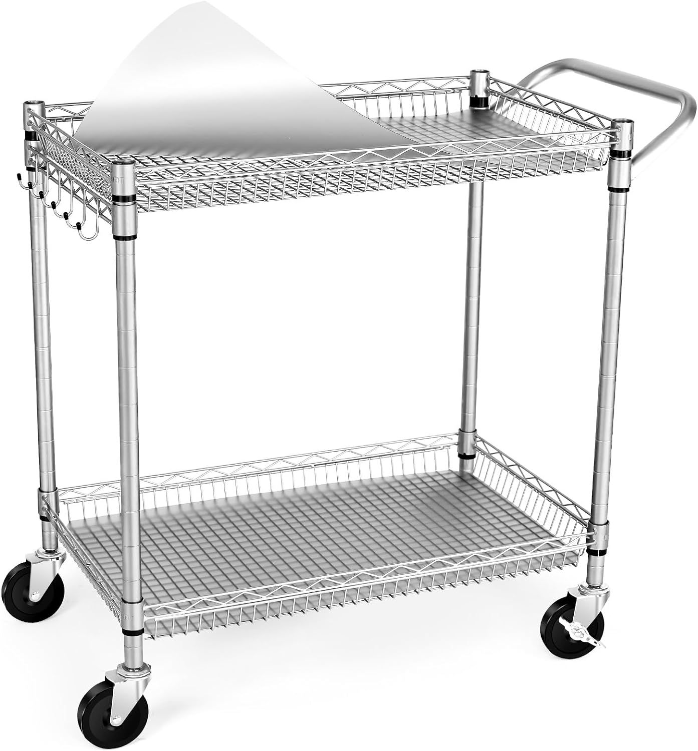 WDT 3 Tier Rolling Kitchen Carts with Wheels, Heavy Duty Rolling Utility Cart with Wood Tabletop, Commercial Grade Metal Cart with Handle and Hooks