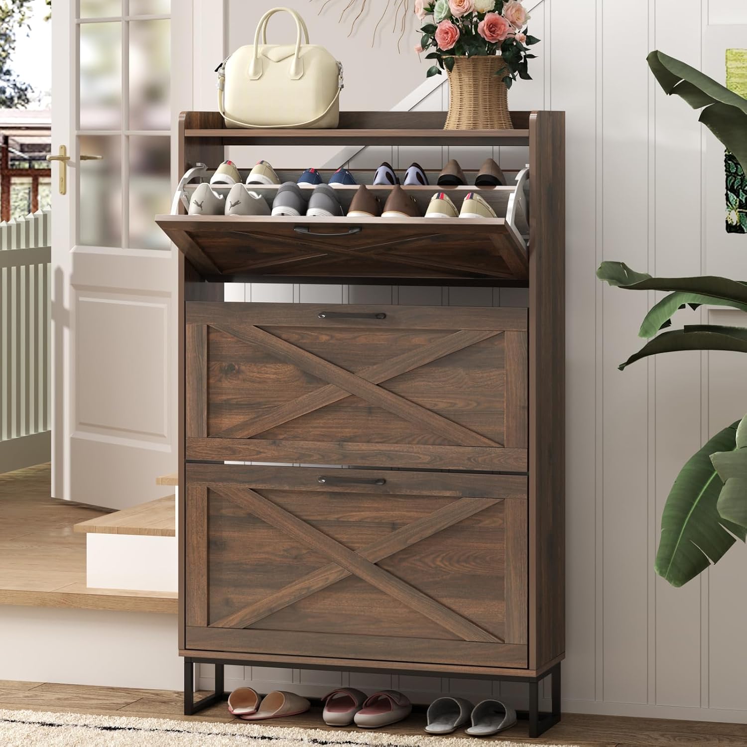 Maupvit Shoe Storage Cabinet with 2 Flip Drawers, Freestanding Shoe Organizer with Metal Legs for Entryway, Narrow Shoe Rack Cabinet, Rustic Brown
