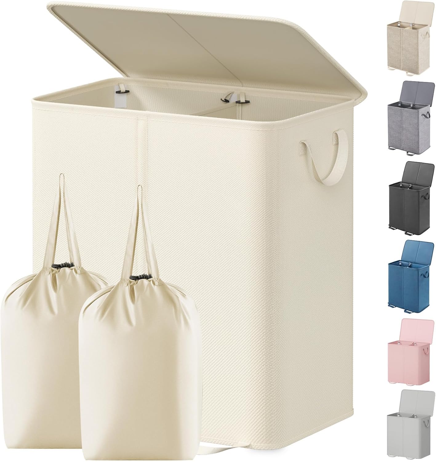 Lifewit Double Laundry Hamper with Lid and Removable Laundry Bags, Large Collapsible 2 Dividers Dirty Clothes Basket with Handles for Bedroom Laundry