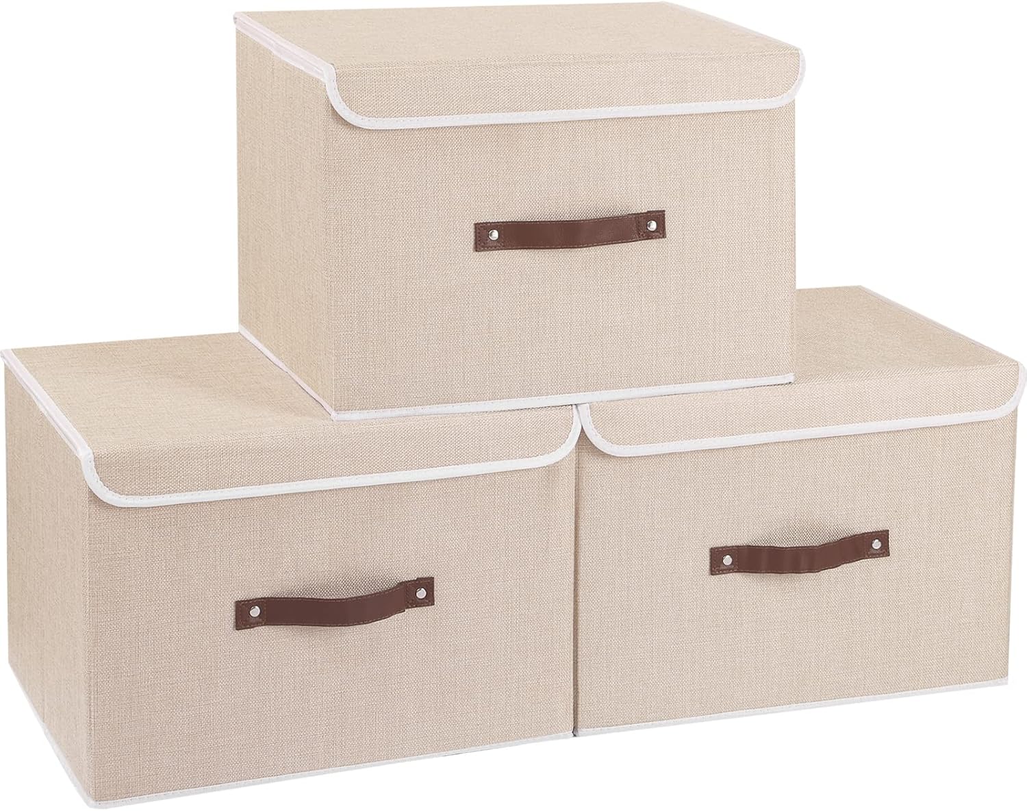 Yawinhe Collapsible Storage Boxes, Linen Fabric Baskets, Bin with lid and Leather Handle, Washable, for Home, Closet, Beige, 17.7''Lx11.8''Wx11.8''H