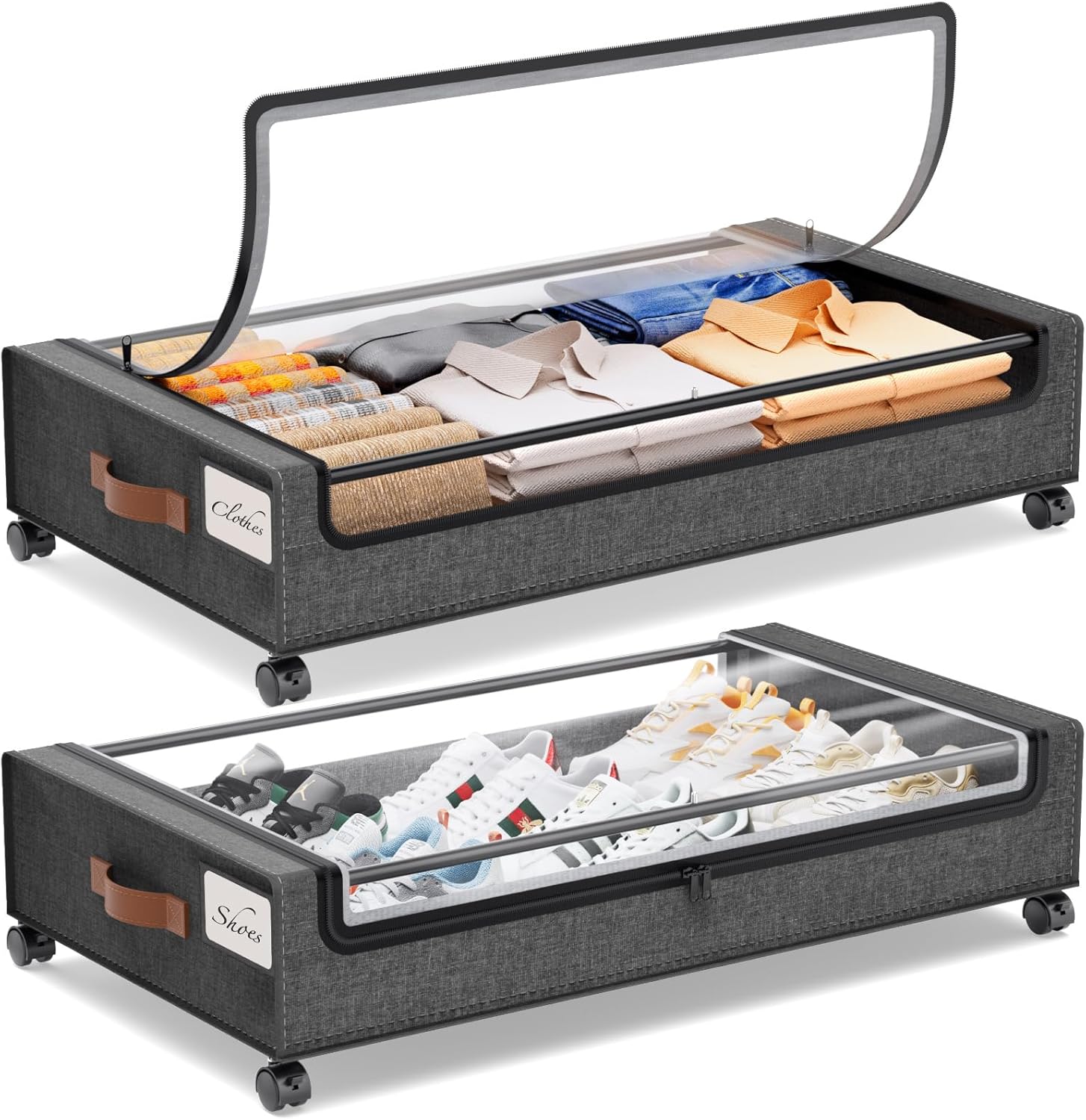 Yecaye Under Bed Storage with Wheels, 2Pack Under Bed Storage Containers, Underbed Shoe Storage Organizer, Rolling Under Bed Metal Drawers for Clothes