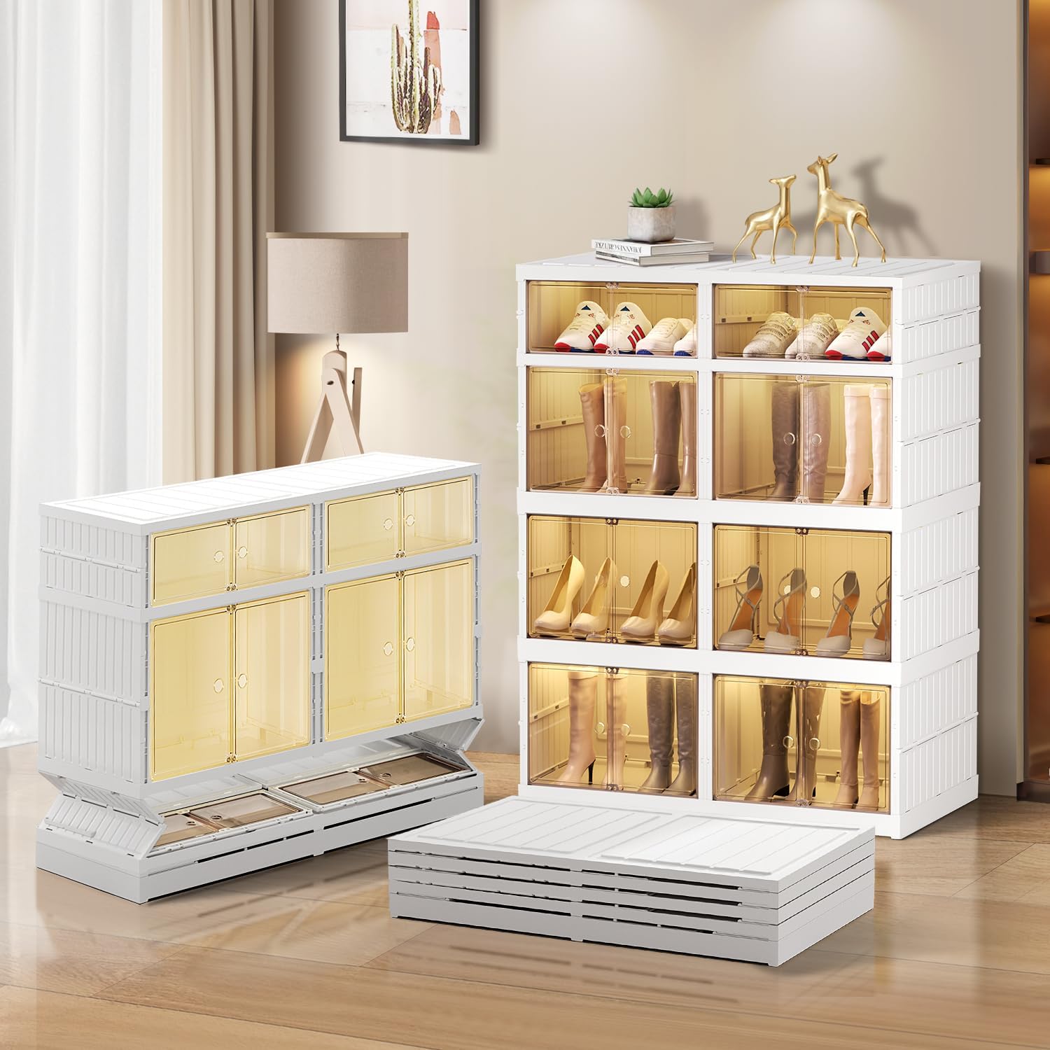 6-Tier Foldable Shoe Rack, Magnetic Doors, 12 Pairs, White, Collapsible Plastic Shoe Cabinet, Stackable, Clear Doors, Bottom Wheels, Fits Boots