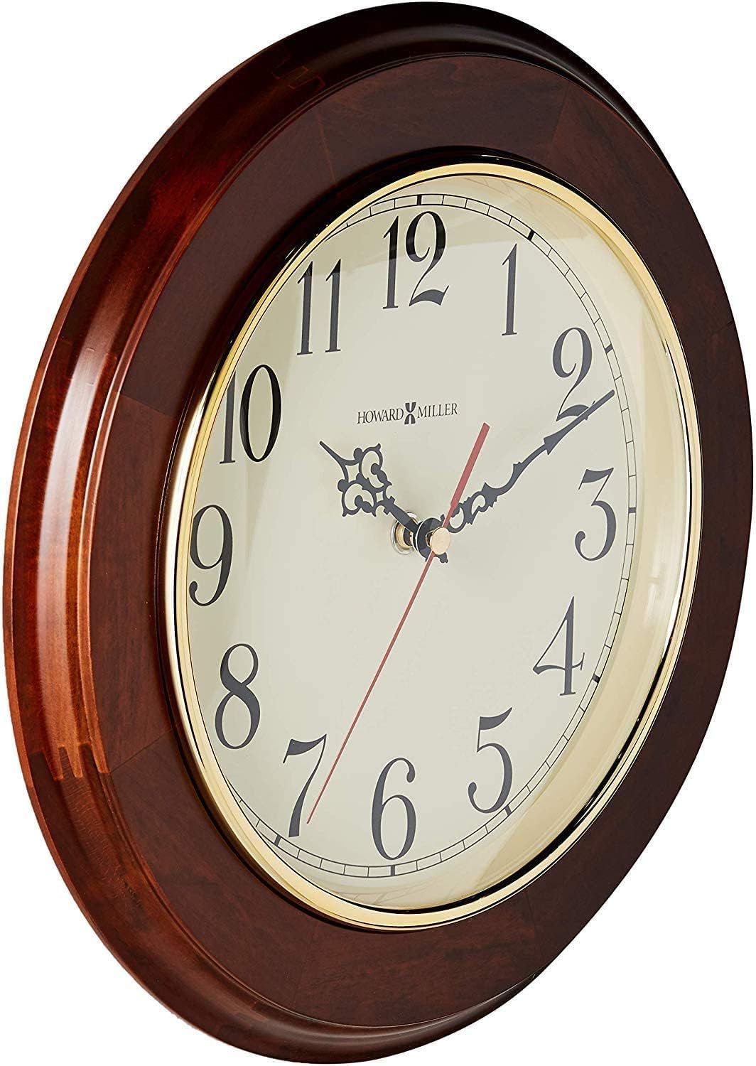 Howard Miller Brentwood Wall Clock - Wood Finish, Brass Bezel, Silent Quartz Movement, Round, Battery Operated, Home or Office Decor