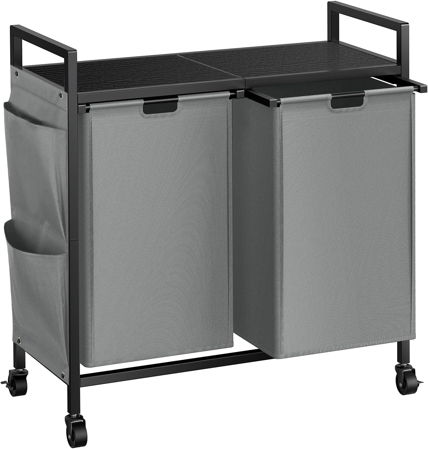 WOWLIVE Double Laundry Hamper with Wheels, Rolling Laundry Basket Organizer, Laundry Hamper 2 section with Lid, Iron-Made Laundry Sorter with Shelf