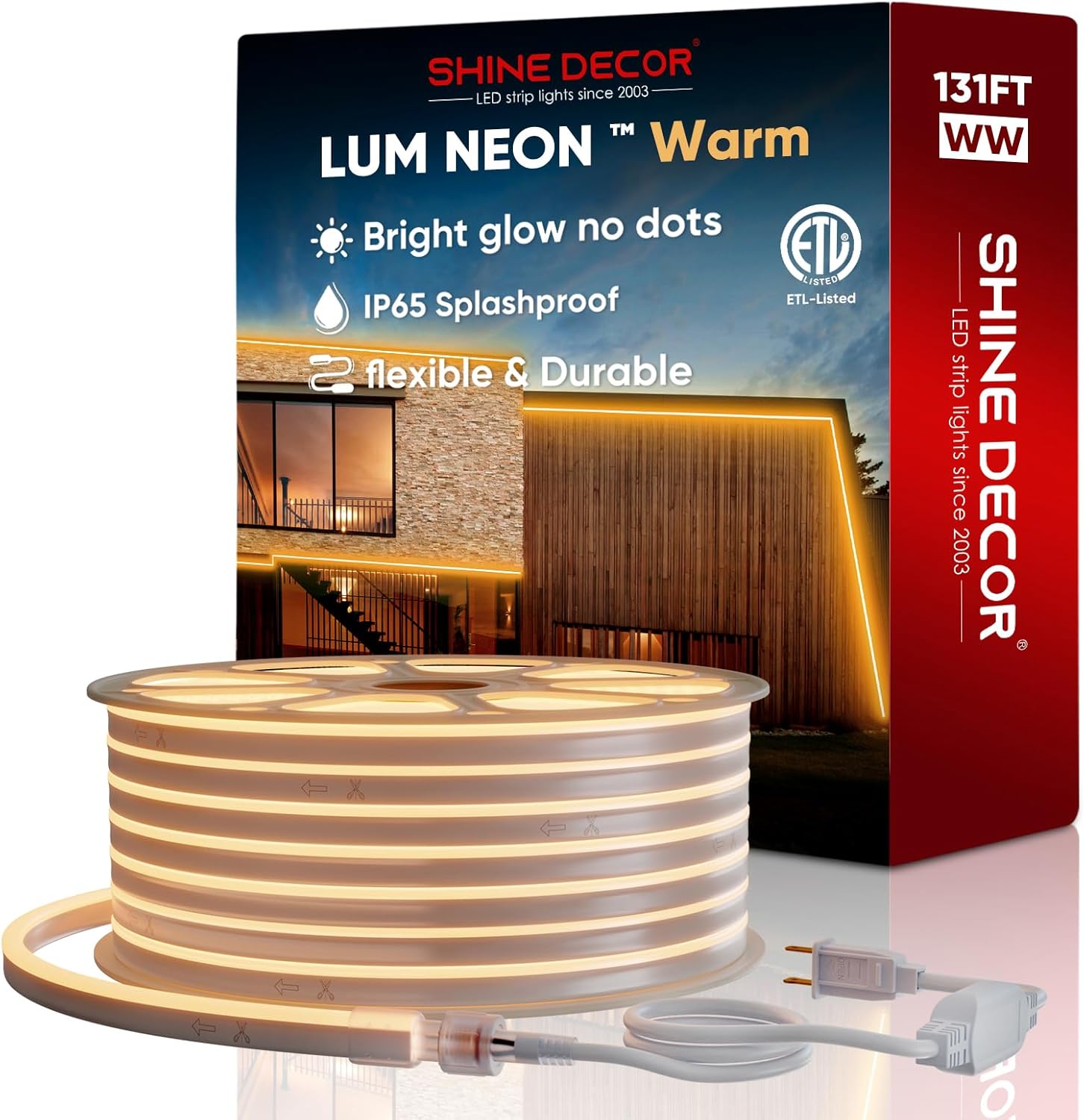 Shine Decor LED RGB Neon Rope Lights AC 120V, Expandable and Cuttable Bright Strip Lighting with Remote, Dimmable Color Changing