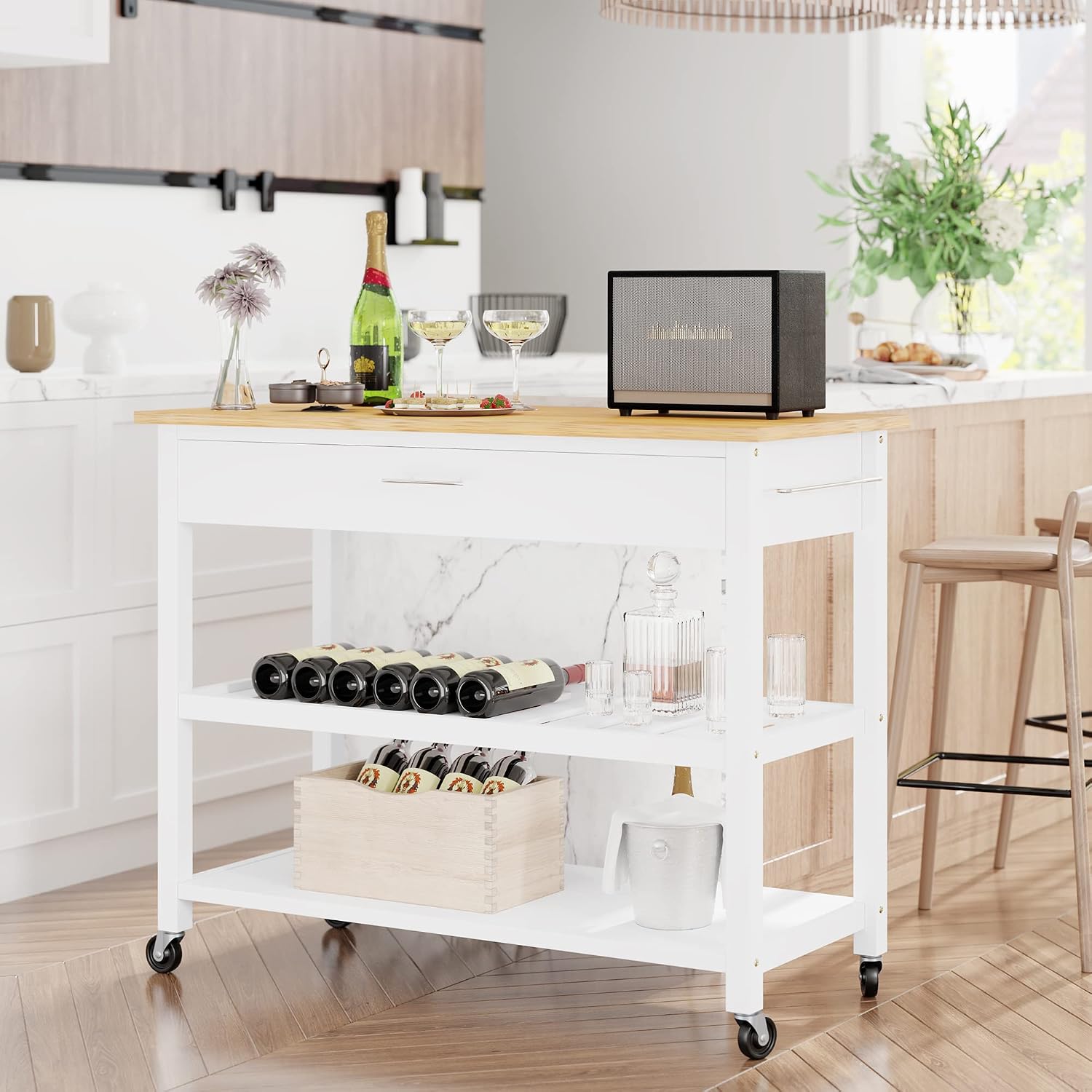 Shintenchi Kitchen Island Cart with Storage, Rolling Kitchen Island Side Table on Wheels with Large Worktop, Storage Cabinet, Towel Rack