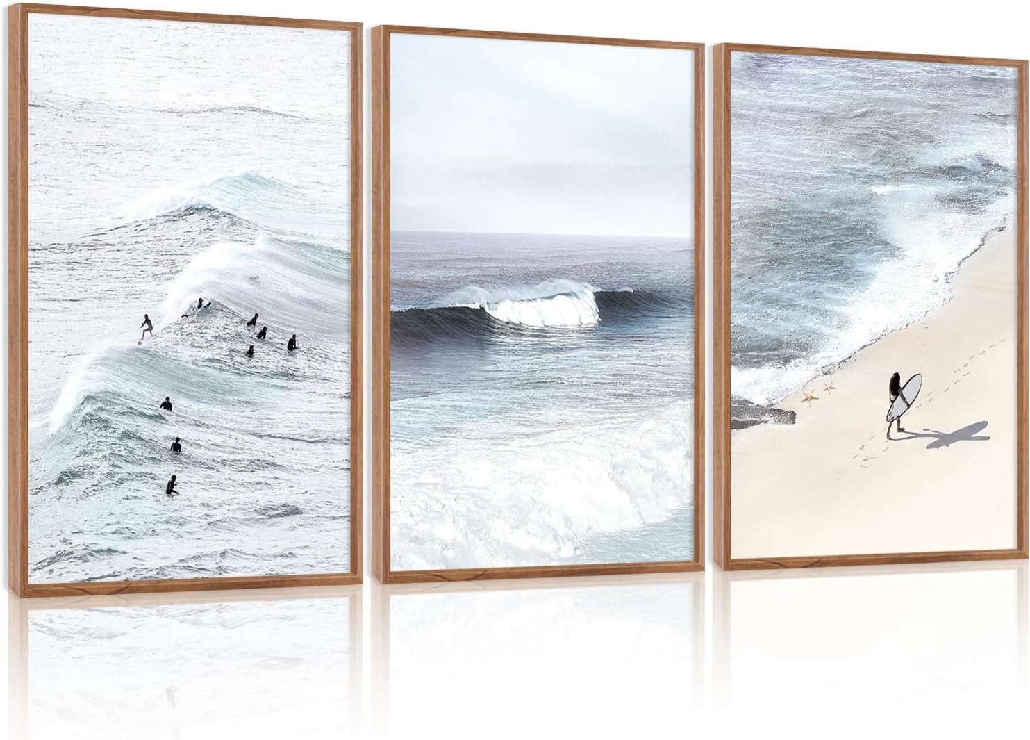 Beach Sunrise Framed Canvas Wall Art Set, Ocean Waves Wall Decor, Coastal Artwork Spiritual Painting