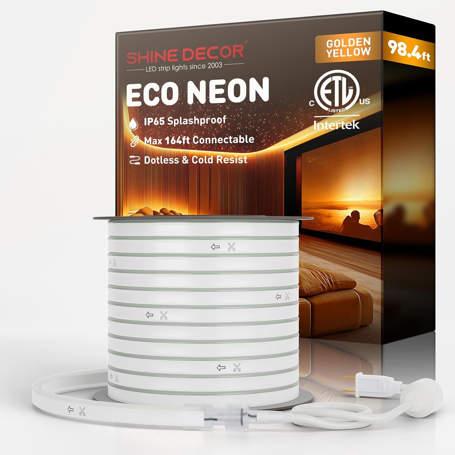 Shine Decor LED Neon Rope Lights Connectable, 131.2FT Flexible AC 110V 120V Neon LED Strip Lights(Warm White) Outdoor Waterproof