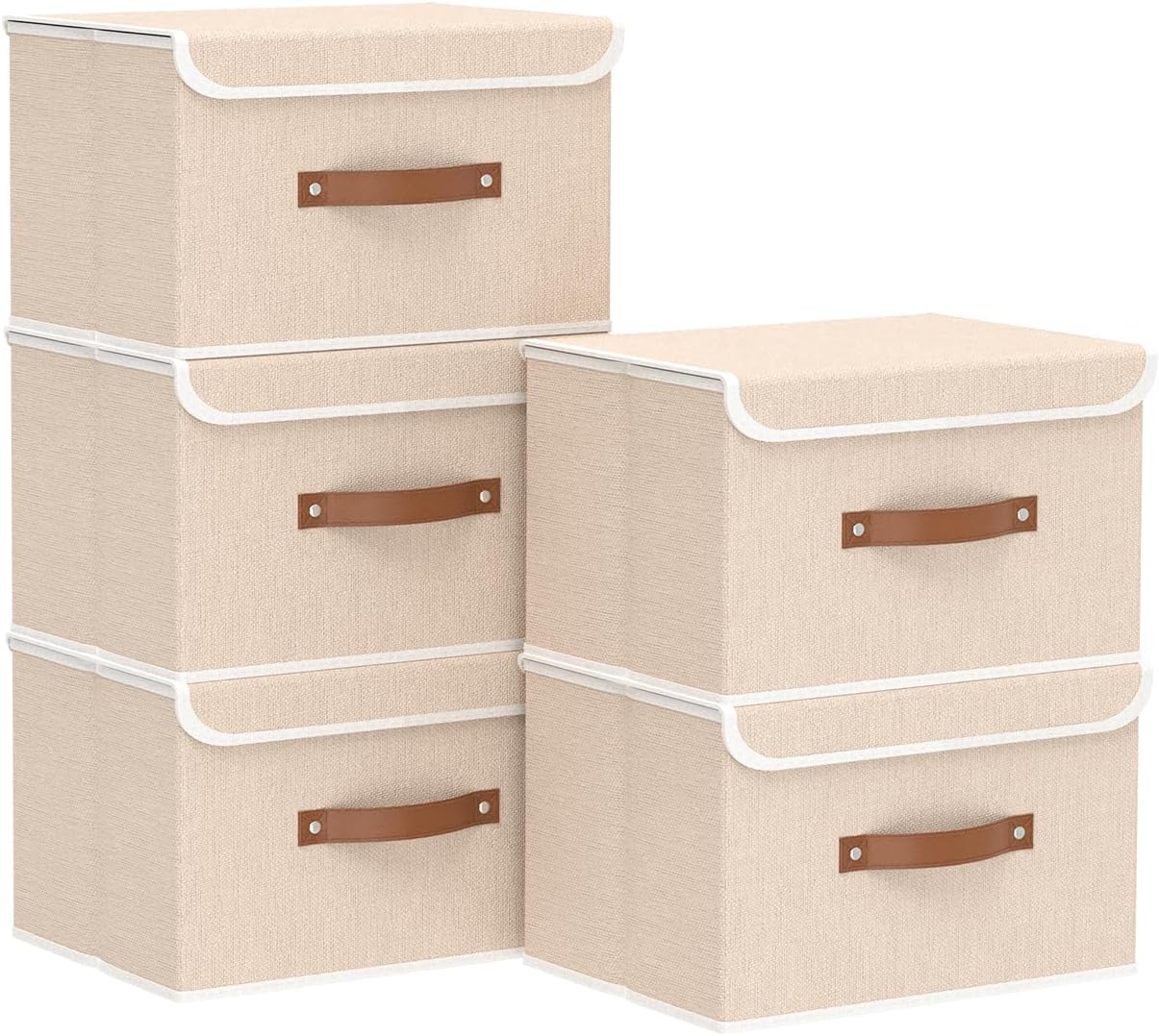 Yawinhe Collapsible Storage Boxes, Linen Fabric Baskets, Bin with lid and Leather Handle, Washable, for Home, Closet, Beige, 17.7''Lx11.8''Wx11.8''H