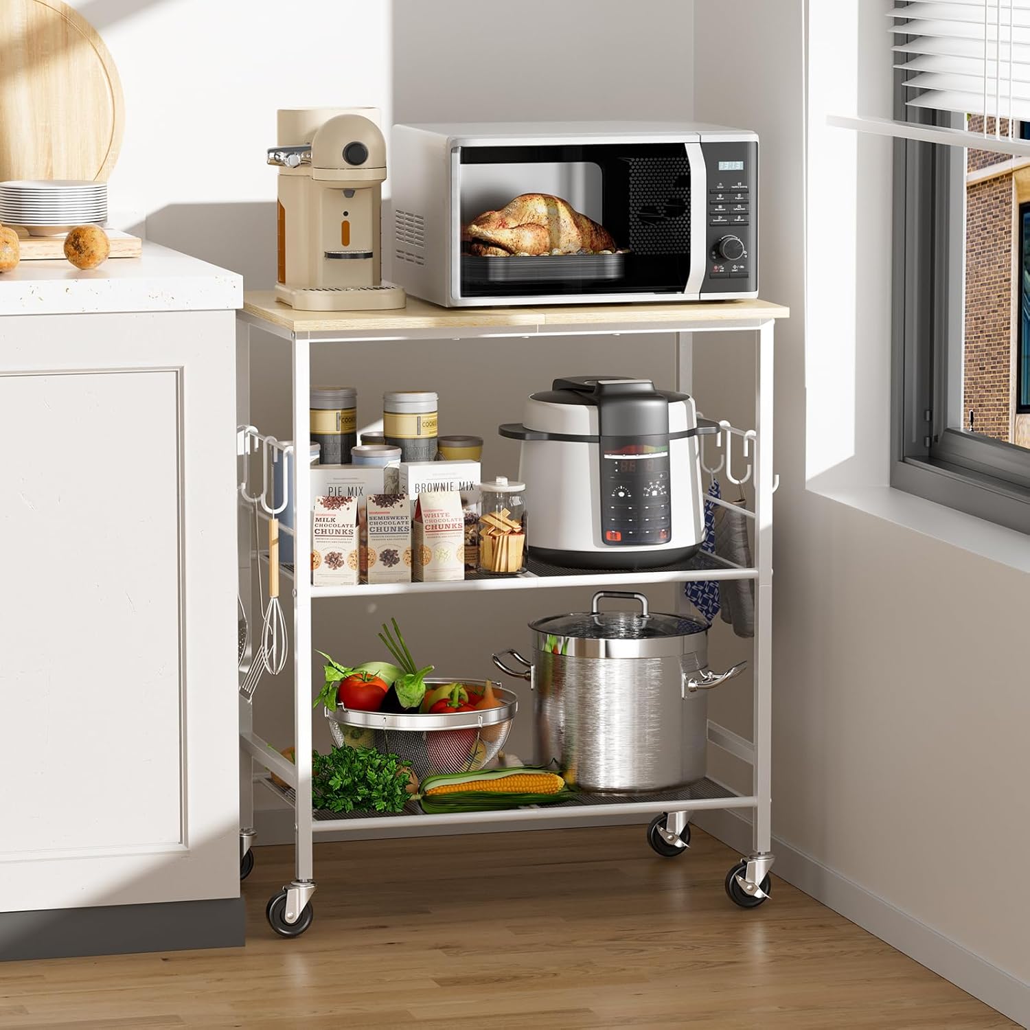 NTE Rolling Kitchen Carts on Wheels, 650Lbs Capacity 3 Tier Utility Cart with Wood Tabletop, Kitchen Storage Cart with 8 Hooks