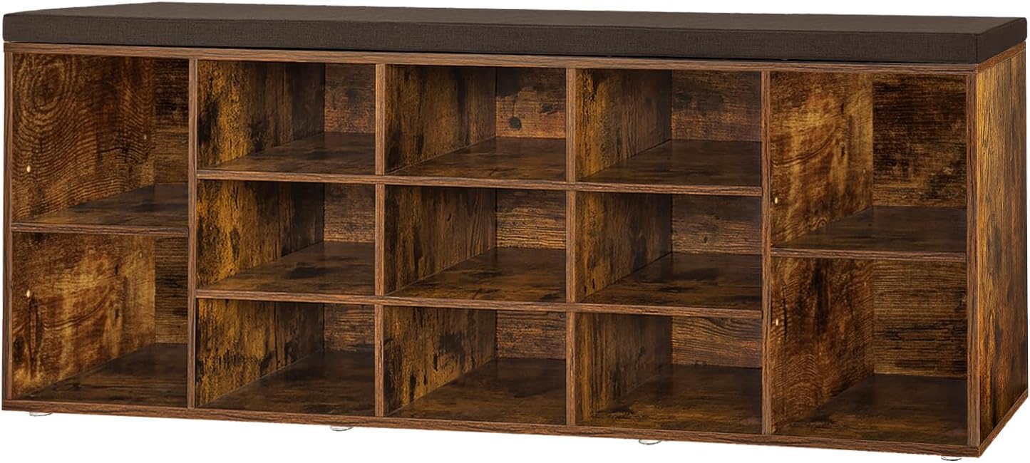 Shoe Storage Bench with Cushion, 15-Cubby Shoe Rack, Adjustable Shelves, Long Shoe Organizer Bench for Entryway, Mudroom, Hallway, Living Room