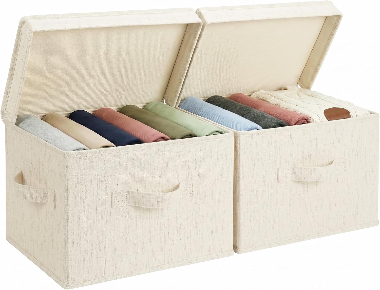 StorageWorks Fabric Storage Bins with Lid, Decorative Storage Boxes for Shelves, Stackable Closet Organizer Basket with Handles, Large, Ivory White