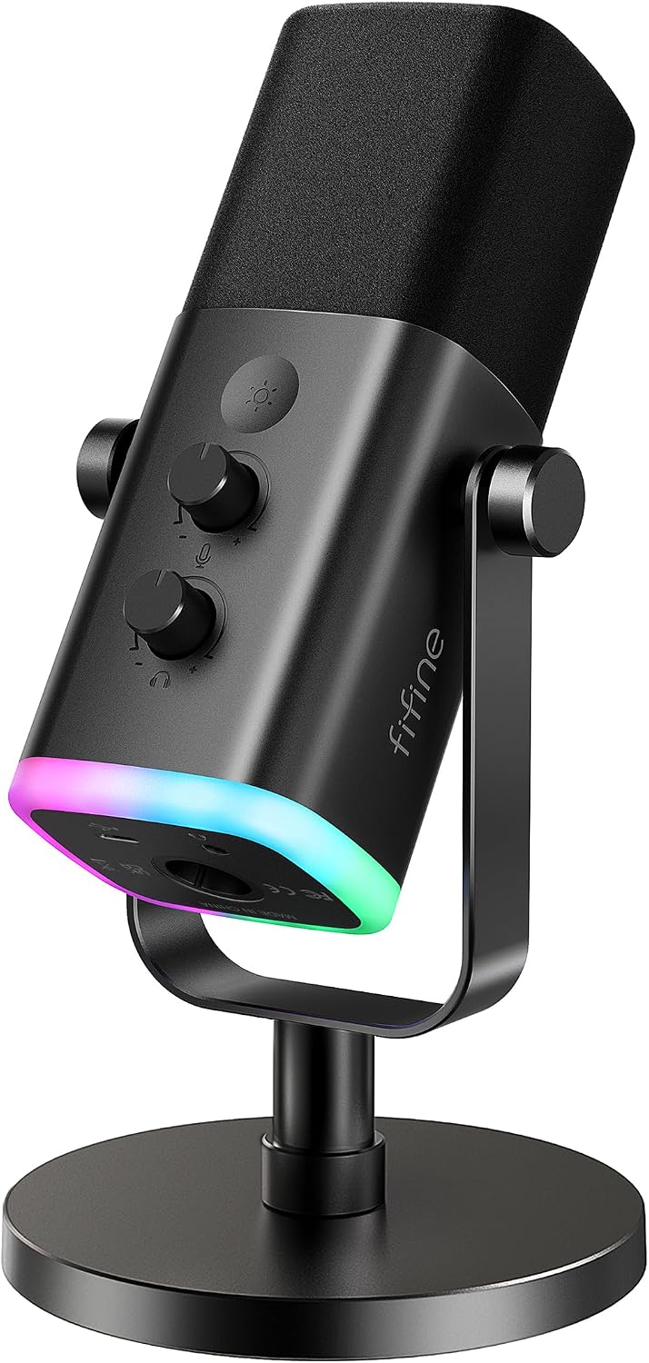 FIFINE XLR/USB Gaming Microphone for Streaming Podcasting, PC Computer RGB Mic, with Gain Knob, Mute Button, Monitoring Jack