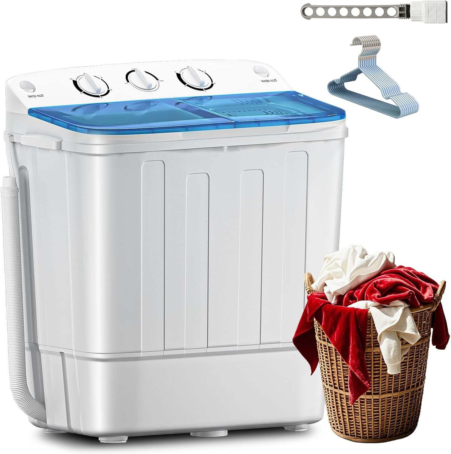 Erivess Portable Twin Tub 19lbs Washing Machine with Drying Rack and 10 Hangers, 12lbs Washer Mini Compact Laundry Machine with 7lbs Spinner