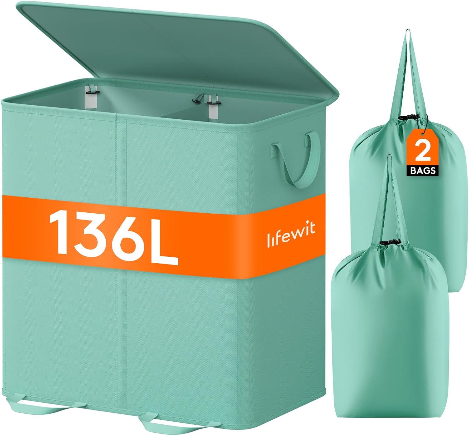 Lifewit Double Laundry Hamper with Lid and Removable Laundry Bags, Large Collapsible 2 Dividers Dirty Clothes Basket with Handles for Bedroom Laundry