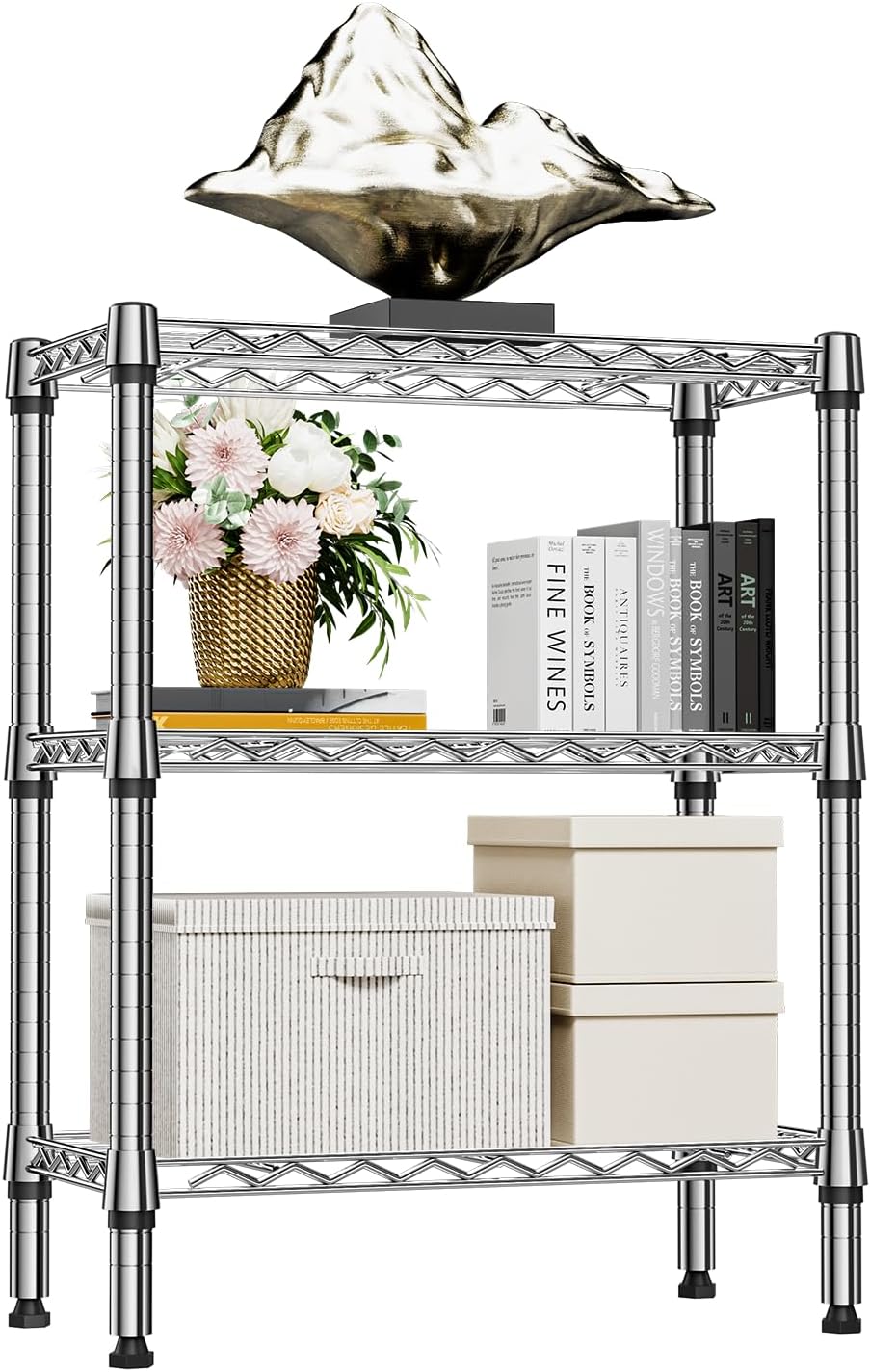 M MZG 750 lbs 3 Tier Shelf Metal Storage Shelves Wire Rack Closet Organizers with PP Board for Garage Kitchen Bathroom Laundry Chrome 11.8" D x 21.7"
