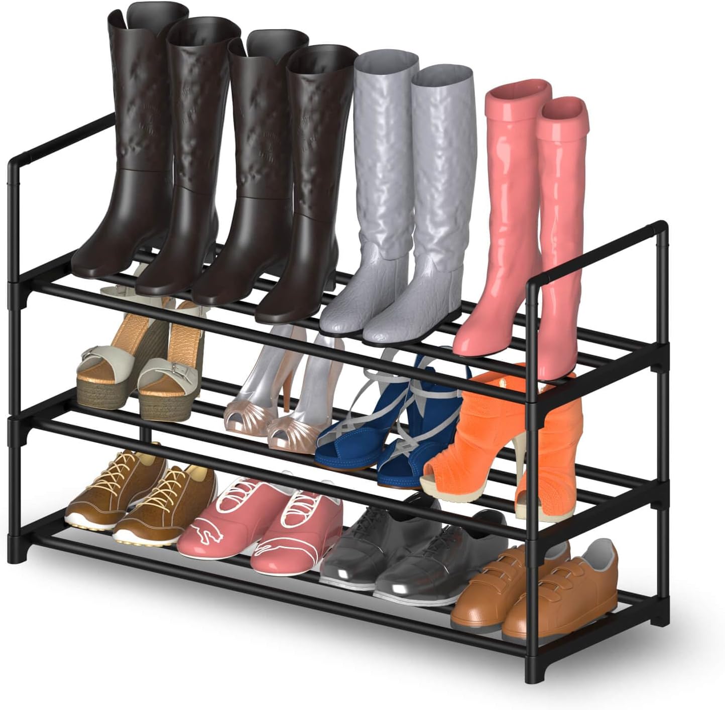 Hsscblet 6 Tiers Metal Shoe Rack, Adjustable Shoe Shelf Storage Organizer with Hooks, Stackable Boot and Shoe Storage, for Entryway, Hallway, Closet