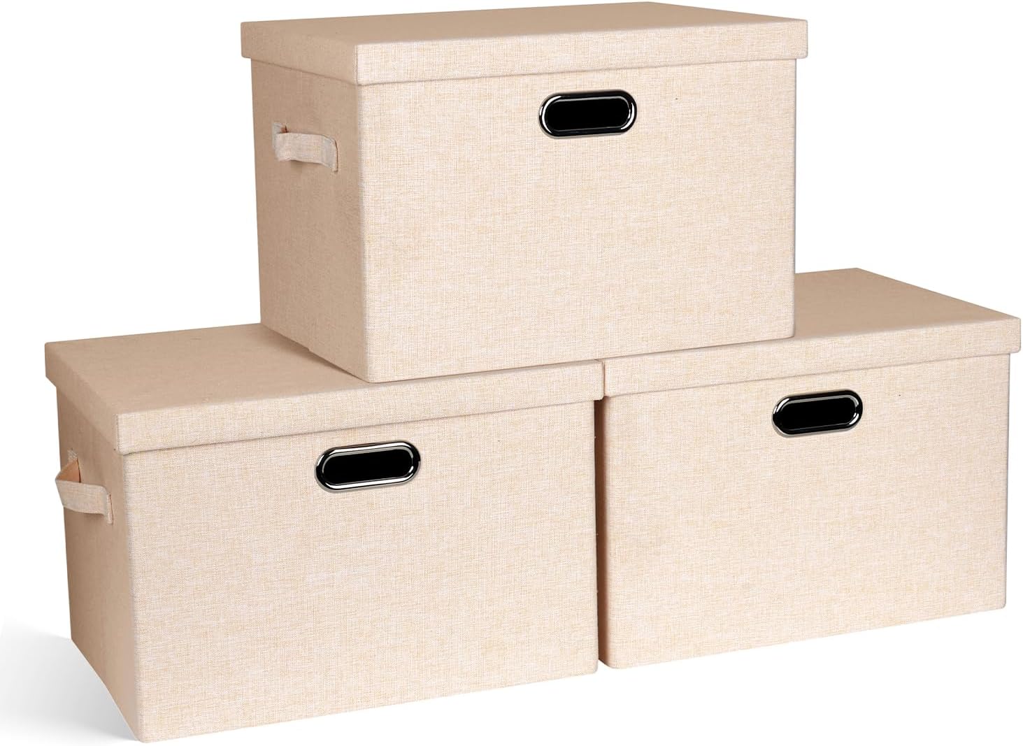 Graciadeco Large Quart Collapsible Stackable Storage Bins with Lids, 3 Packs Beige Linen Fabric Closet Boxes with Lids