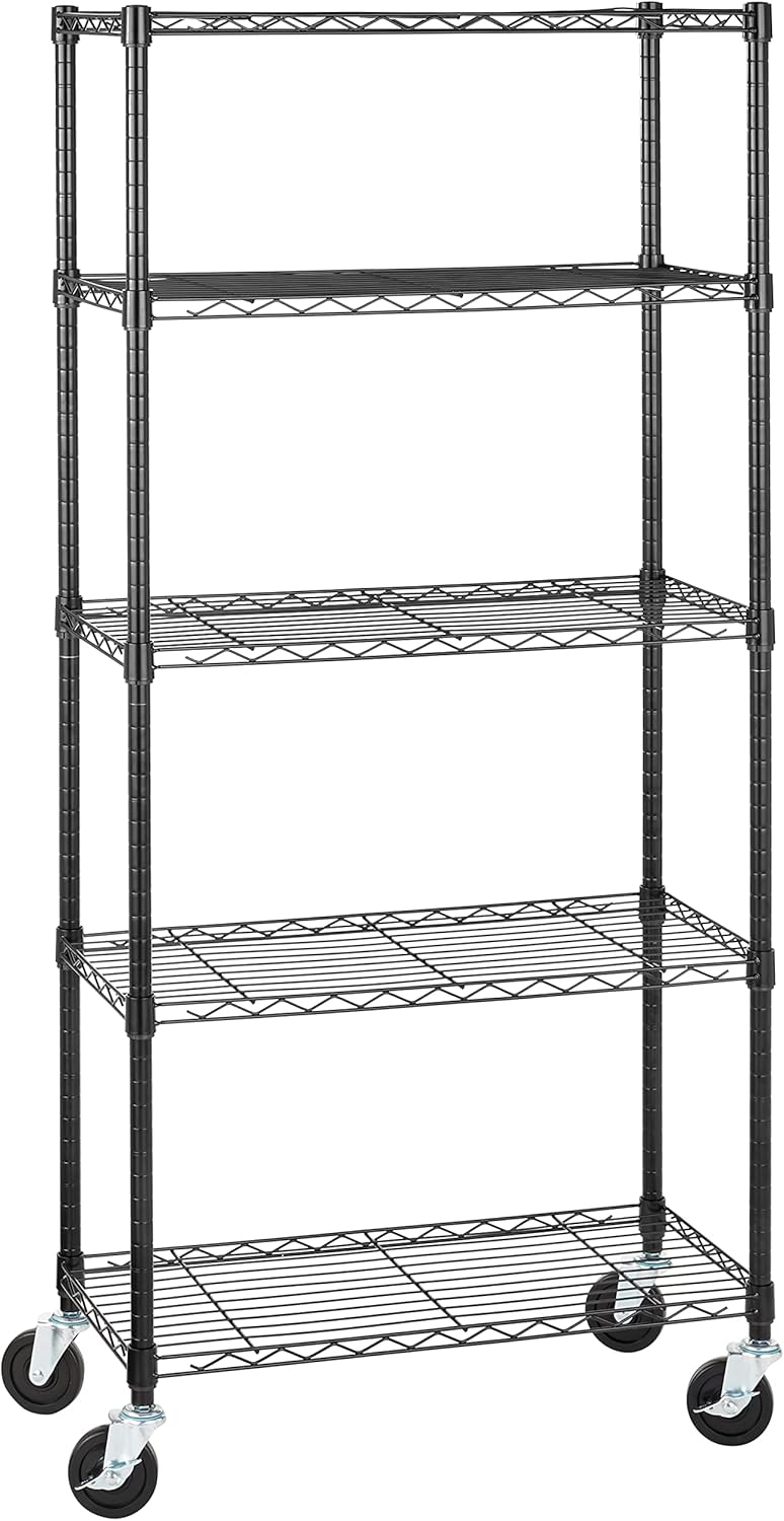 Amazon Basics 5-Shelf Adjustable, Heavy Duty Storage Shelving Unit on 4" Wheel Casters, Easy to Move Portable Wire Shelving
