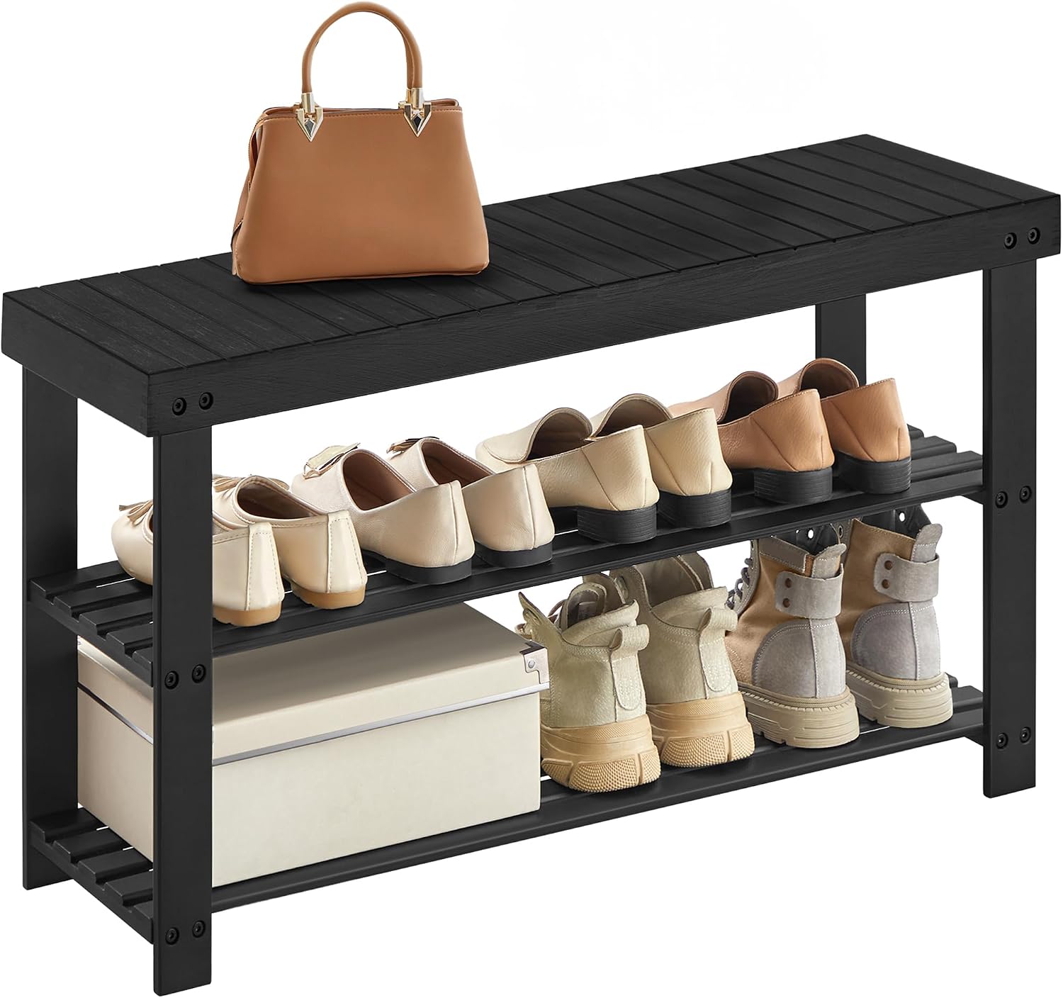 SONGMICS Shoe Rack Bench, 3-Tier Bamboo Shoe Storage Organizer, Entryway Bench, Holds Up to 286 lb, 11.3 x 35.4 x 17.8 Inches