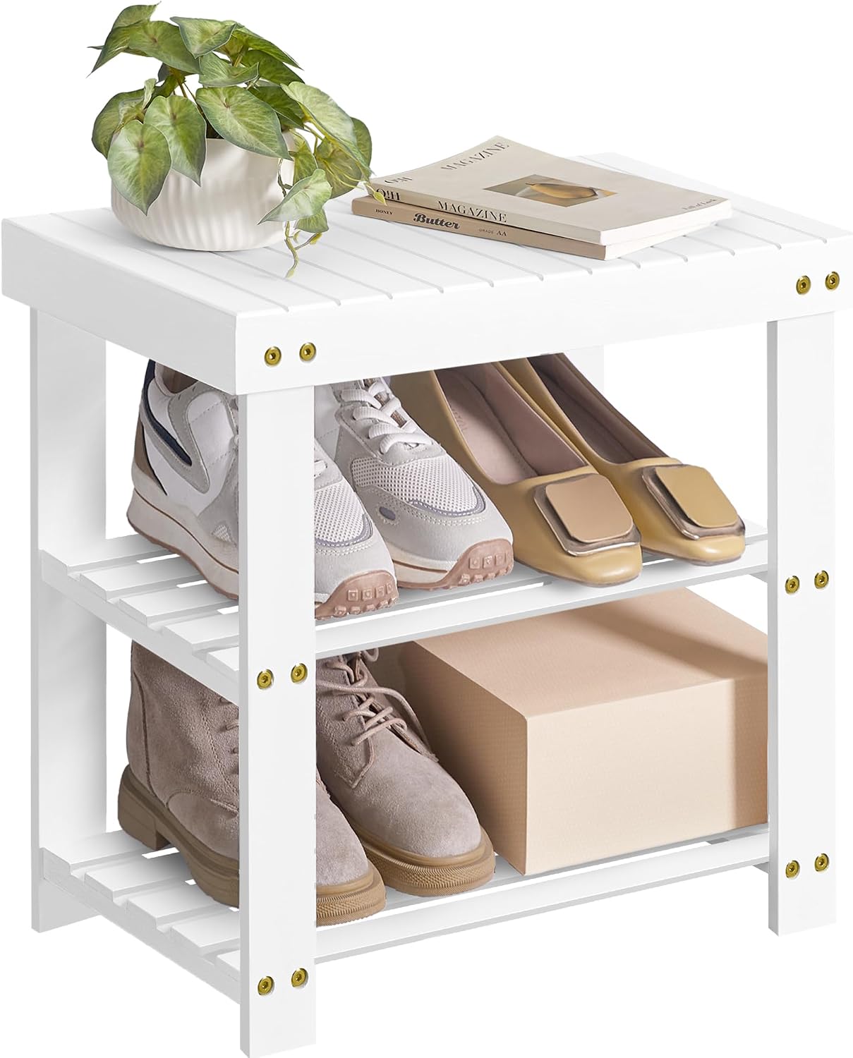 SONGMICS Shoe Rack Bench, 3-Tier Bamboo Shoe Storage Organizer, Entryway Bench, Holds Up to 286 lb, 11.3 x 35.4 x 17.8 Inches