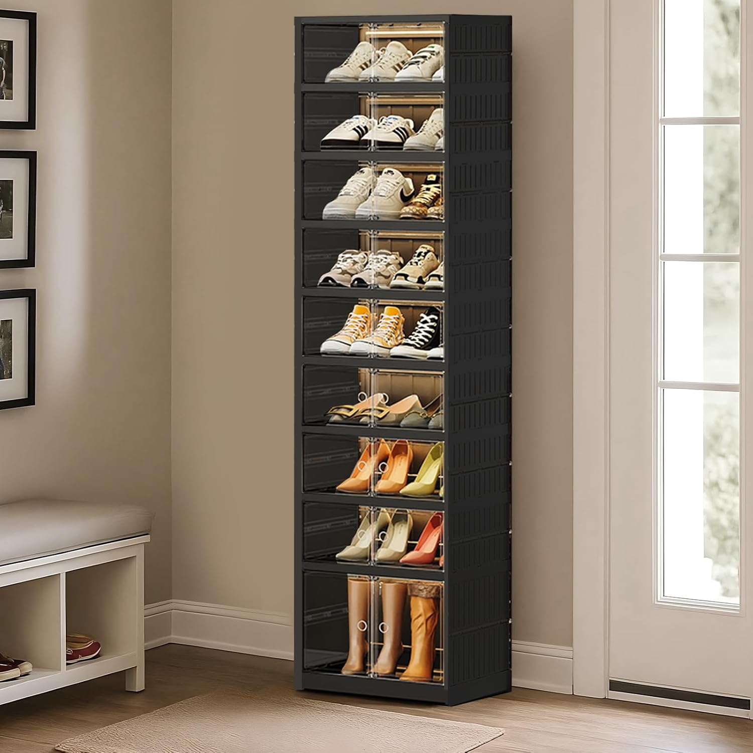 Collapsible Shoe Rack Organizer 9 Tiers-36 Pairs Foldable Shoe Cabinet with Doors, Large Plastic Folding Shoe Cabinet