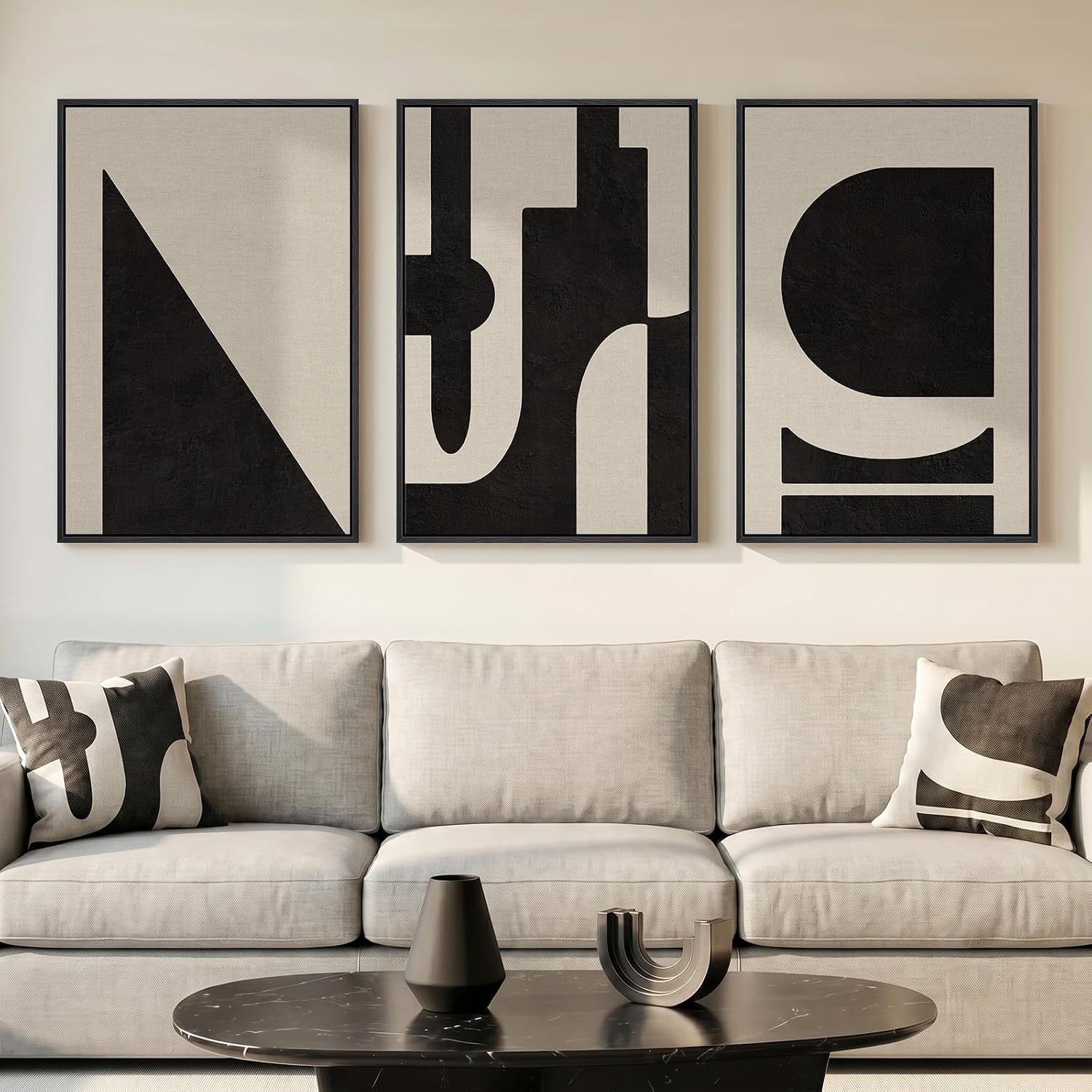 Large Framed Boho Modern Neutral Abstract Wall Art for Living Room, 3 Piece Black and White Canvas Prints Paintings Artwork for Walls