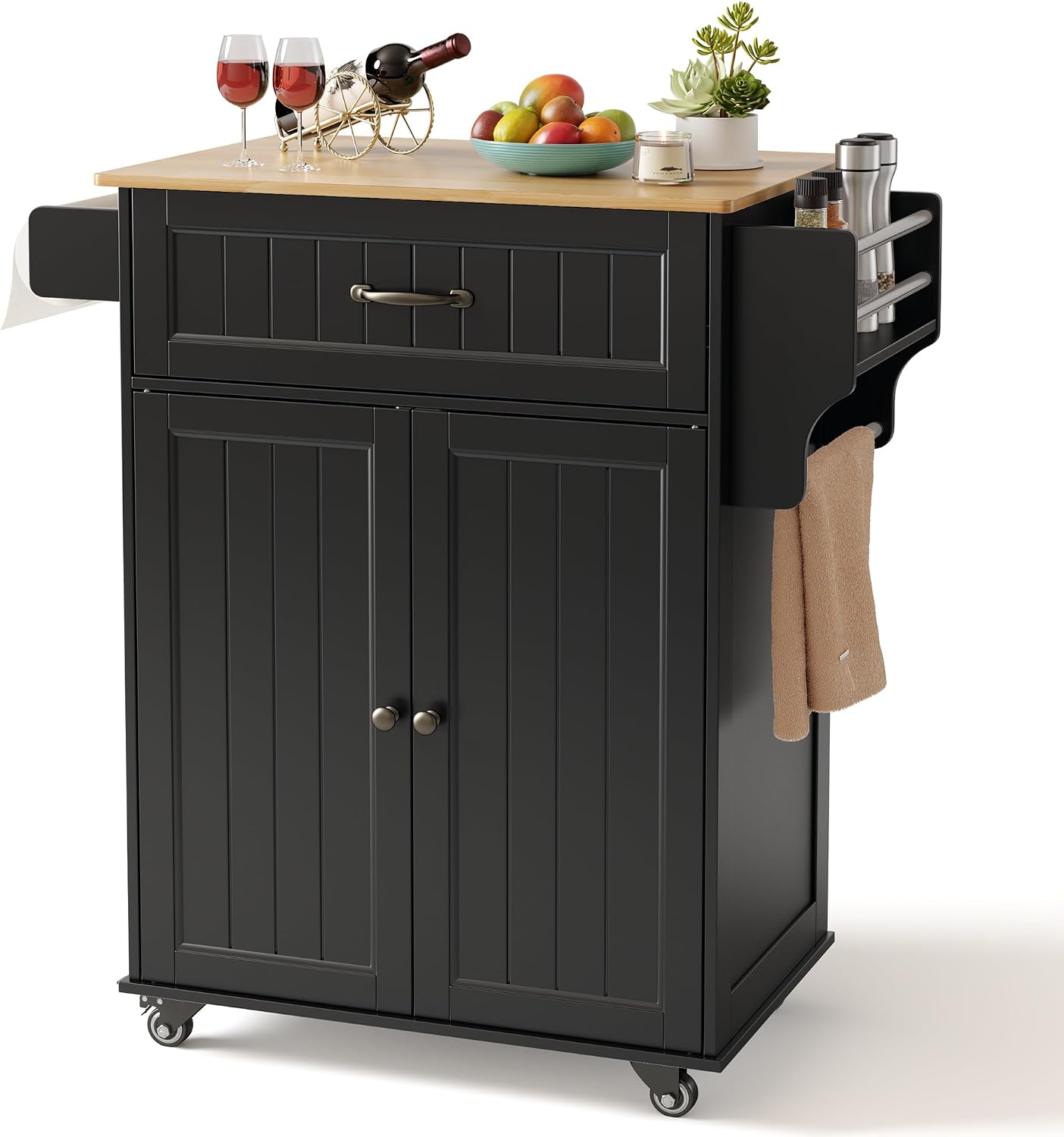 Gizoon 33" W White Kitchen Island Cart with Adjustable Shelf, Metal Wheels, Drawer and Storage Cabinet, Spice Rack and Towel Rack, for Dining Room