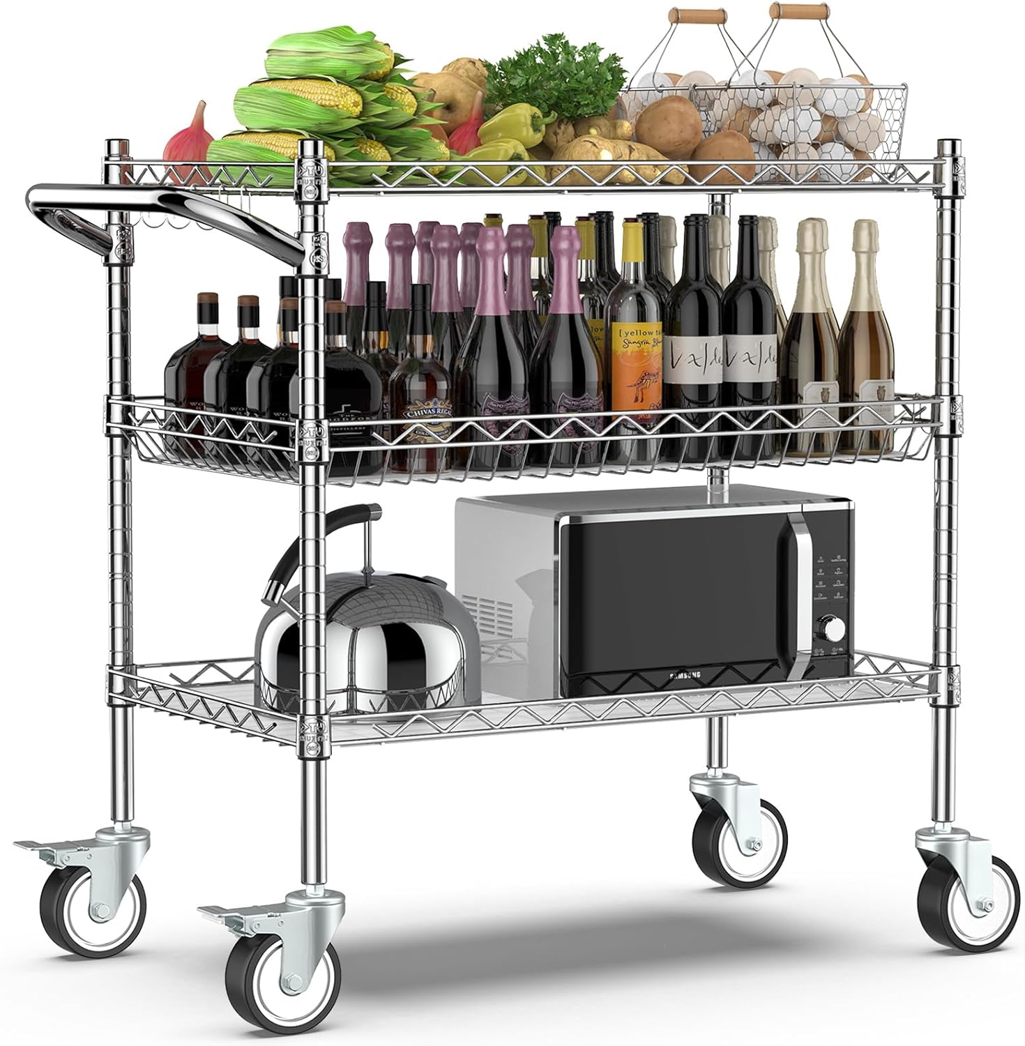 Leteuke Rolling Kitchen Carts with Wheels, 3-Tier Utility Cart with Wood Tabletop, NSF Commercial Metal Serving Cart with Handle and Shelf, Black