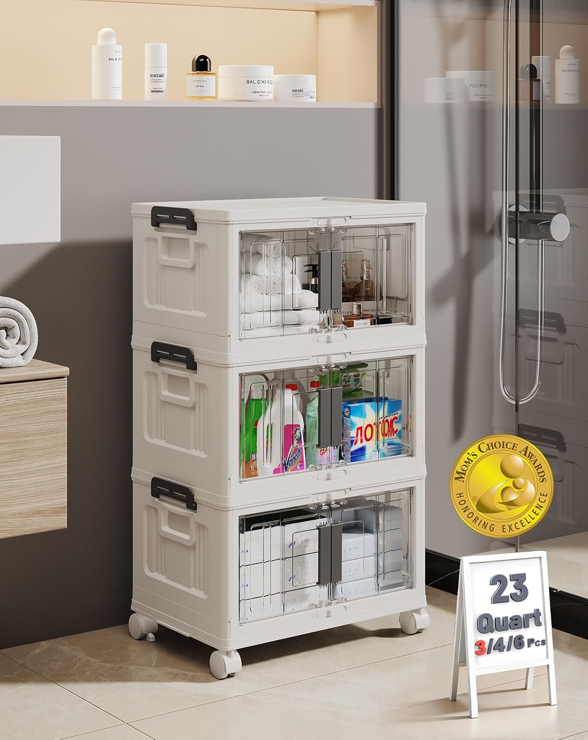 OlarHike 144QT Lockable Storage Bins with Lids - Folding Cabinet with Doors and Wheels, Collapsible Plastic Drawers for Dorm, Closets, Office
