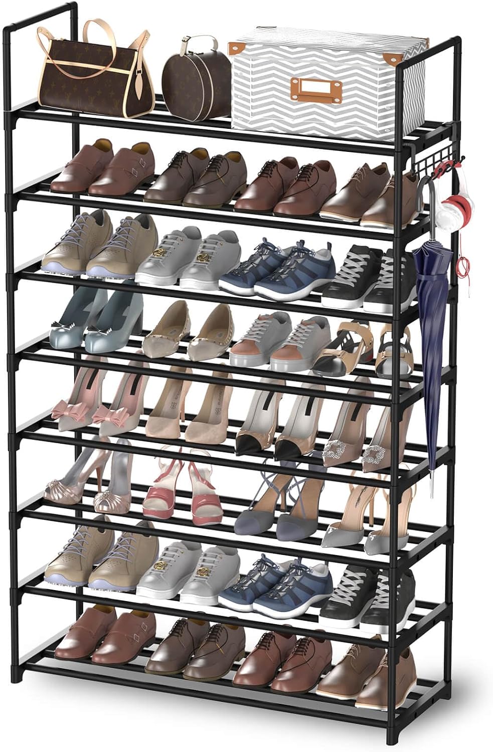 Hsscblet 6 Tiers Metal Shoe Rack, Adjustable Shoe Shelf Storage Organizer with Hooks, Stackable Boot and Shoe Storage, for Entryway, Hallway, Closet