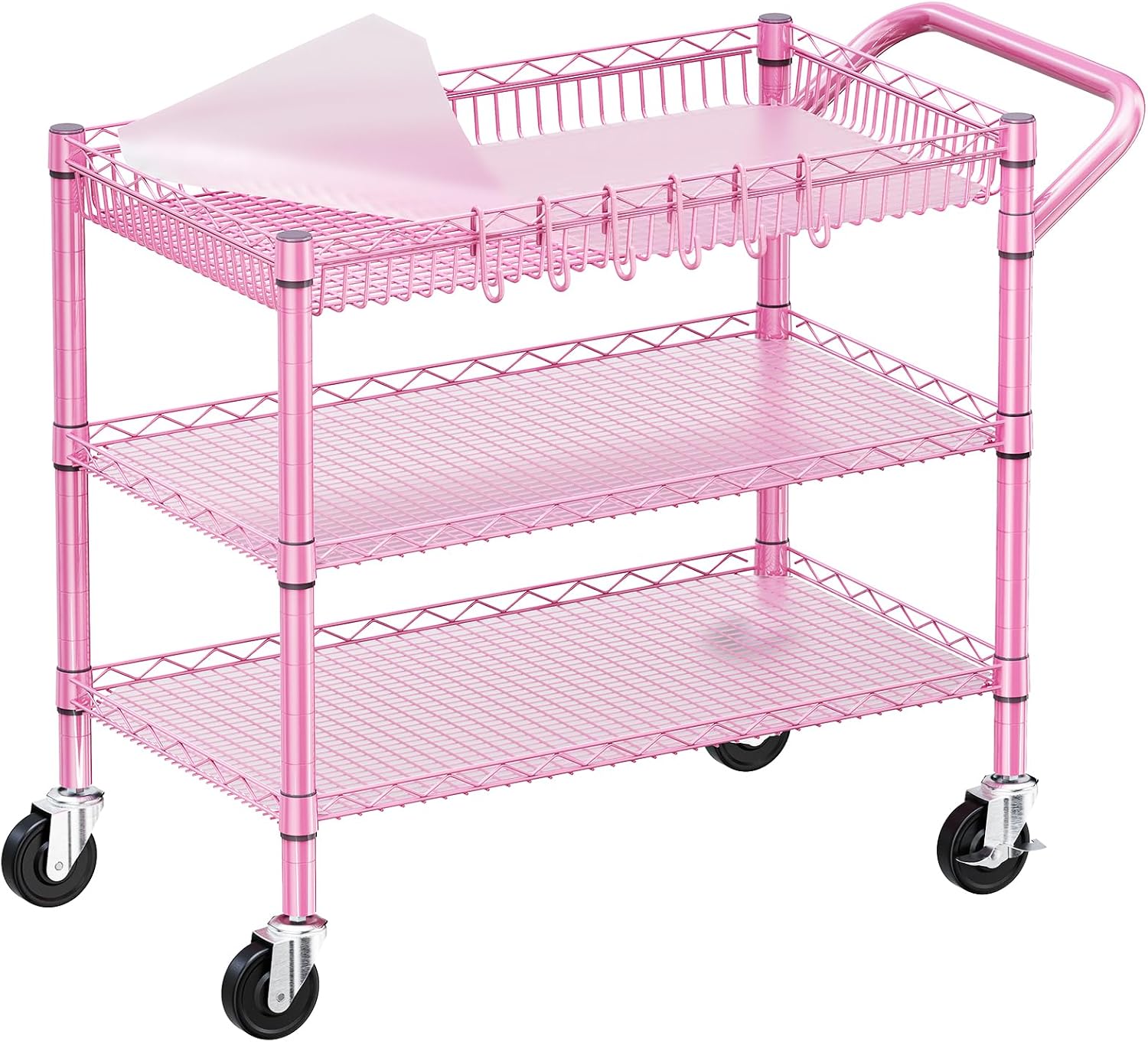 WDT 3 Tier Rolling Kitchen Carts with Wheels, Heavy Duty Rolling Utility Cart with Wood Tabletop, Commercial Grade Metal Cart with Handle and Hooks