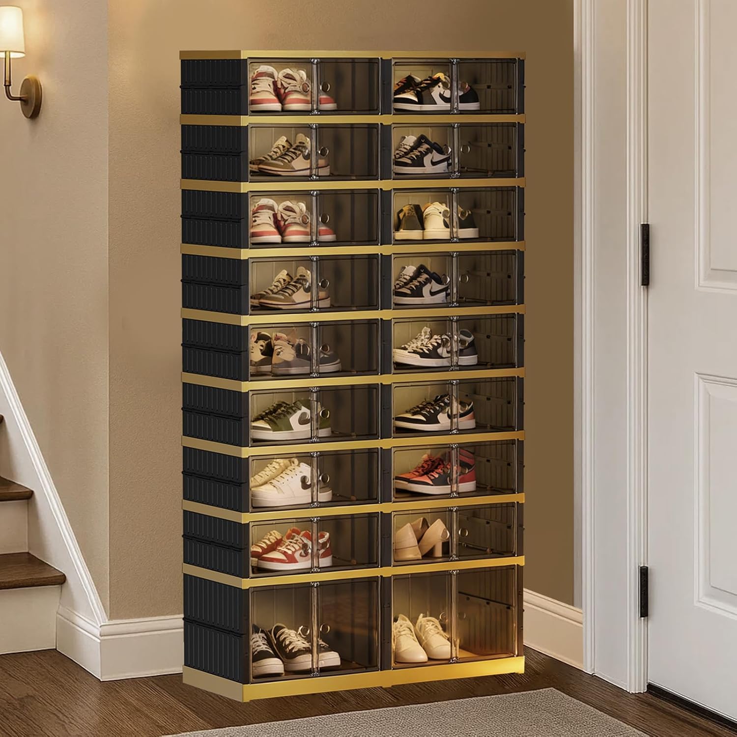 Collapsible Shoe Rack Organizer 9 Tiers-36 Pairs Foldable Shoe Cabinet with Doors, Large Plastic Folding Shoe Cabinet