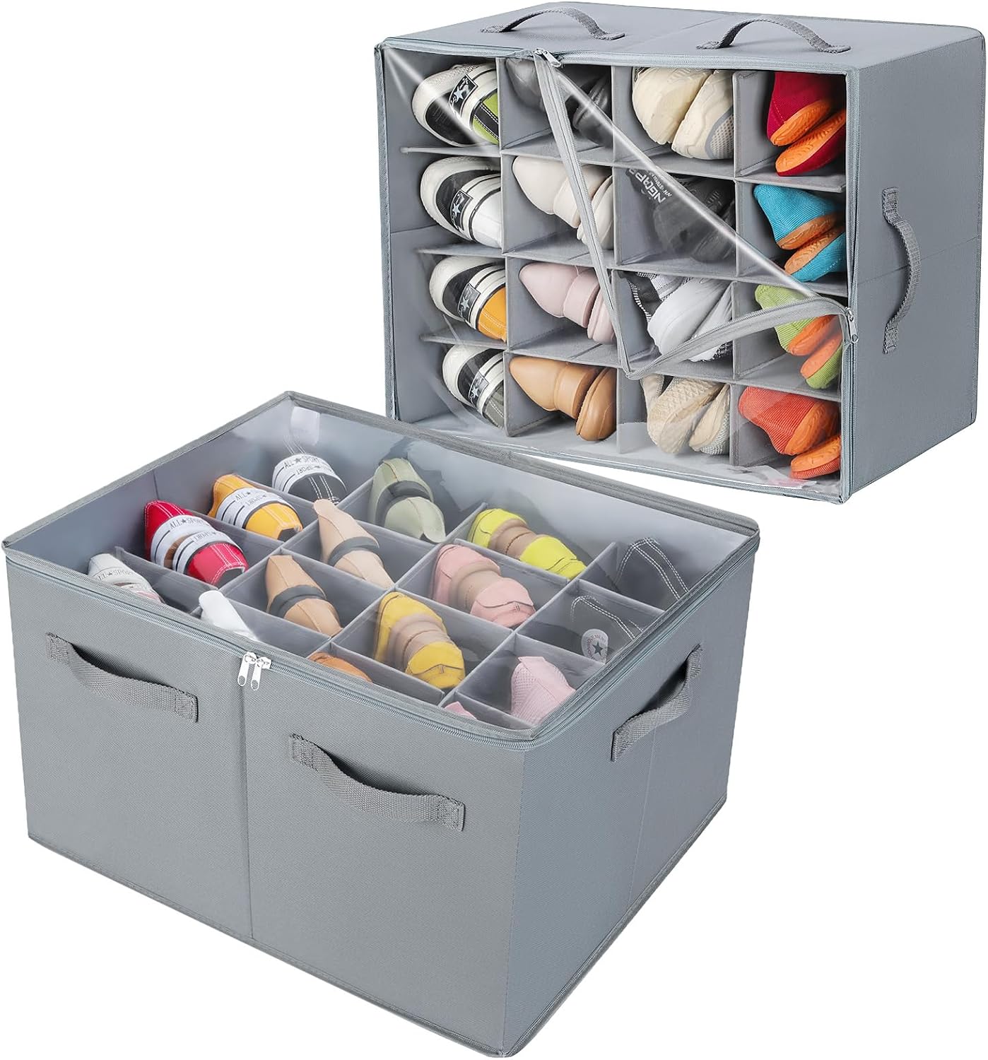 TOPIA HOME Shoe Organizer for Closet, Foldable Shoe Box with Adjustable Dividers and Clear Cover