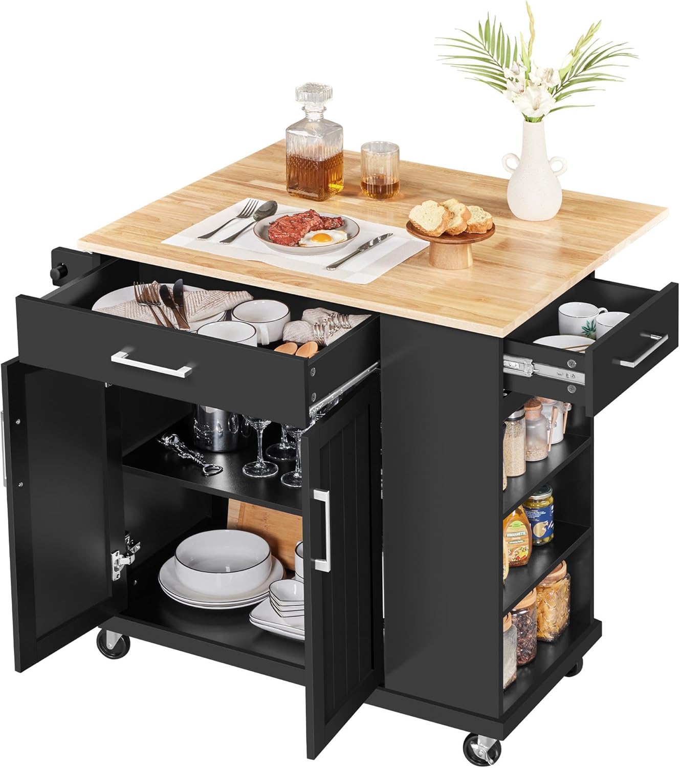 Yaheetech Rolling Kitchen Island Cart with Drop Leaf, Portable Rubberwood Breakfast Bar with Storage Cabinet, Open Shelves and Detachable Towel