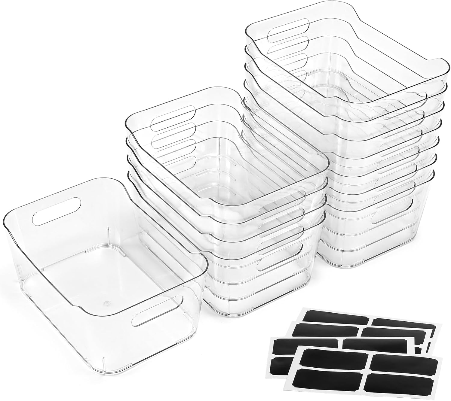 LANDNEOO 12 PACK Multi-Use Clear Plastic Storage Bins for Organizing with Labels - Home, Kitchen, Pantry, Bathroom, Office