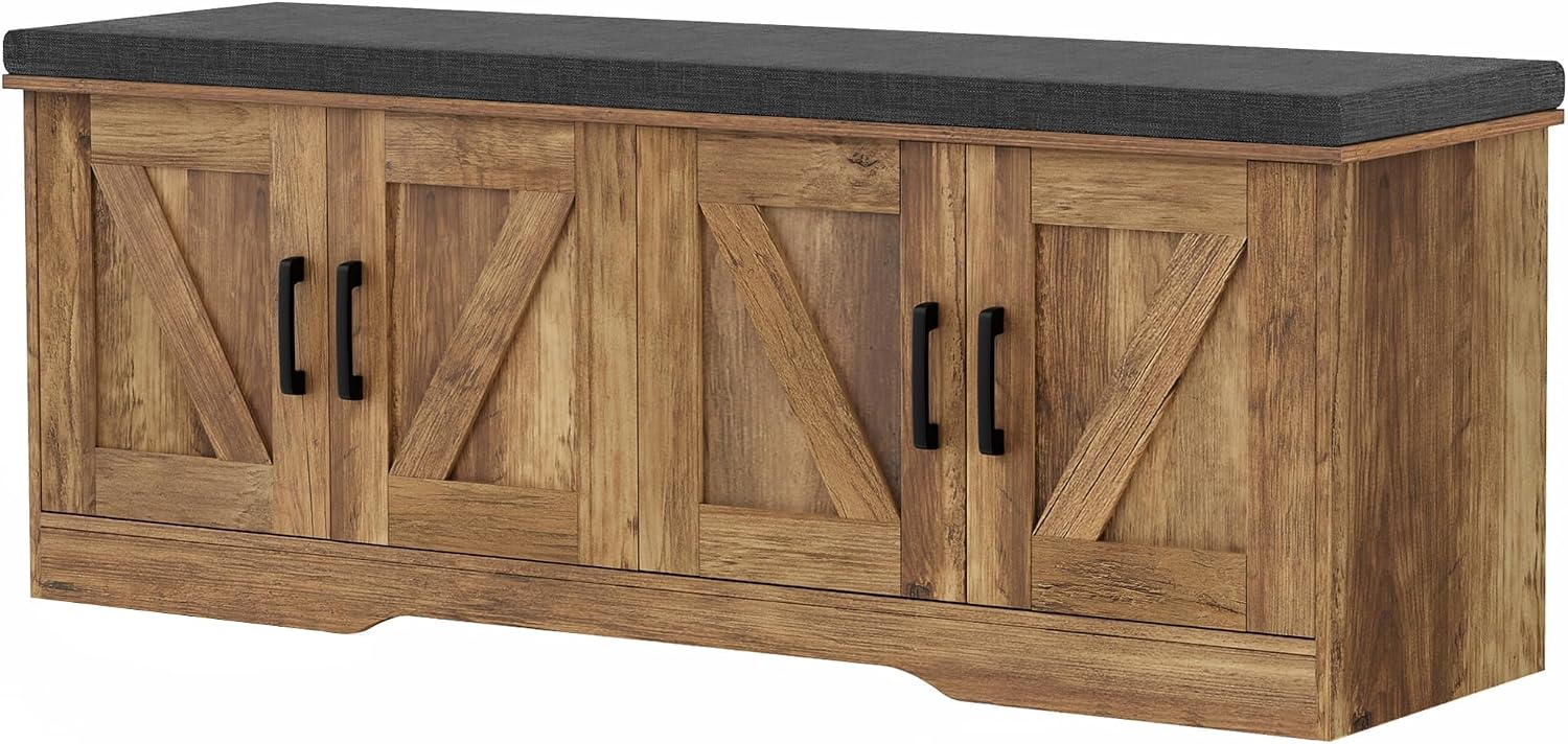 HOMSHO Farmhouse Shoe Storage Bench with 4 Barn Doors and Padded Seat Cushion, 47.2" Wide Entryway Bench with Adjustable Shelves and Hidden Storage