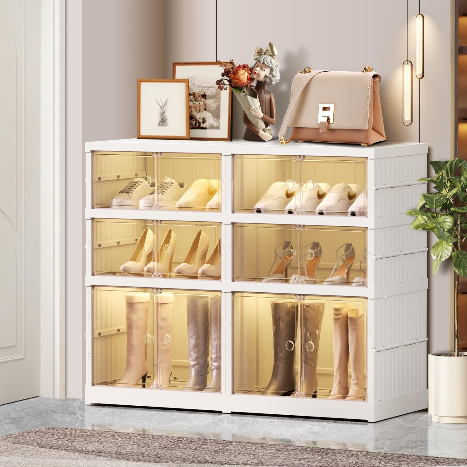 6-Tier Foldable Shoe Rack, Magnetic Doors, 12 Pairs, White, Collapsible Plastic Shoe Cabinet, Stackable, Clear Doors, Bottom Wheels, Fits Boots