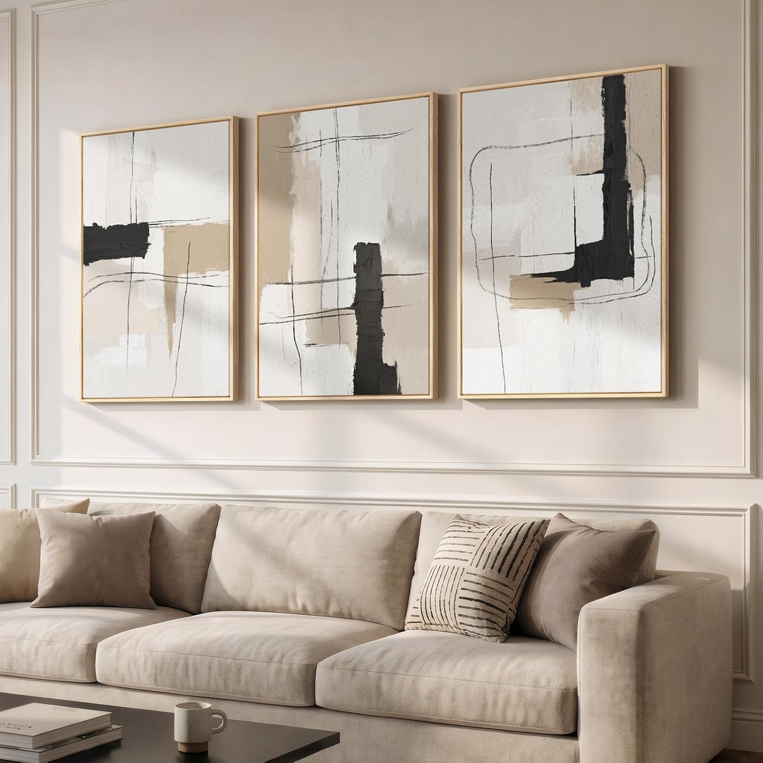 Large Framed Neutral Abstract Wall Art for Living Room, 3 Piece Modern Canvas Prints Paintings Artwork for Walls