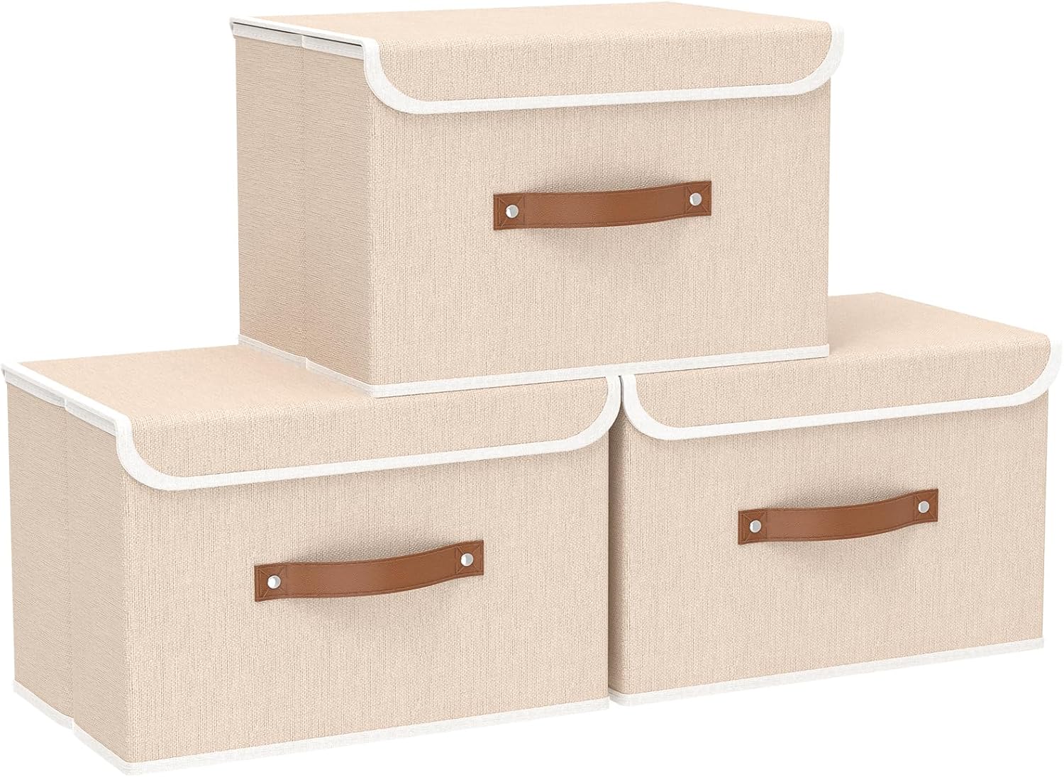 Yawinhe Storage Bins with Lids, Beige, 17.7x11.8x11.8in, 5-Pack, Fabric Container with Leather Handle, Washable Home Basket