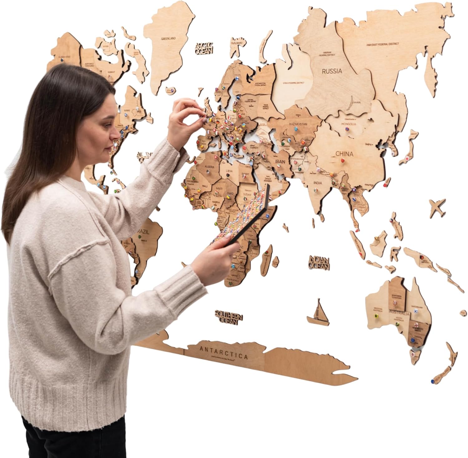 Enjoy The Wood 3D Wooden World Map Wall Art (Multicolor, XL), Large Travel Map with Pins for Art Decor, Decorative Map of the World for Home