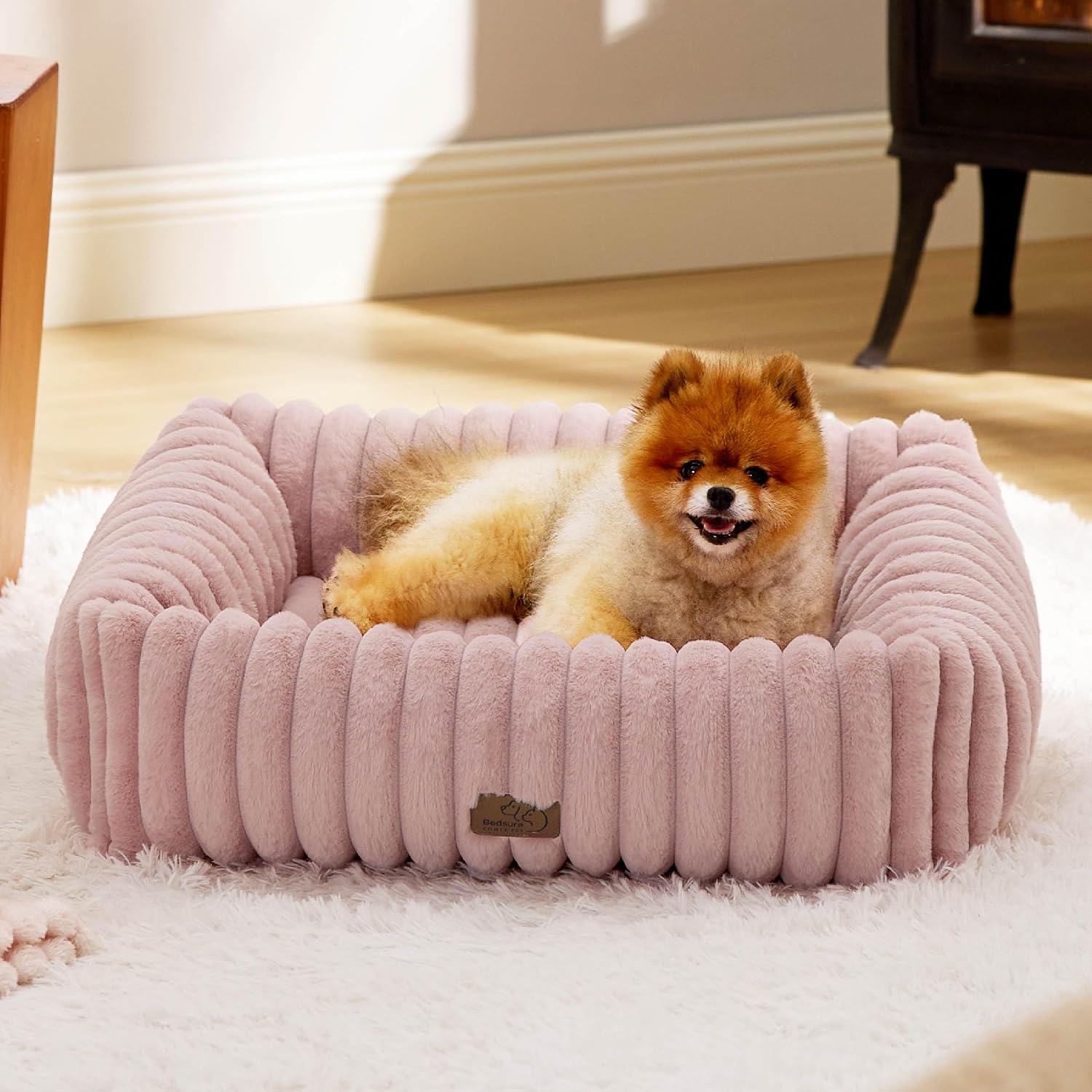 Bedsure ComfyFleece™ Cute Dog Beds Large Sized Dog Washable, 36in Blush Pink, Furry Big Square Pet Beds, Washable Aesthetic