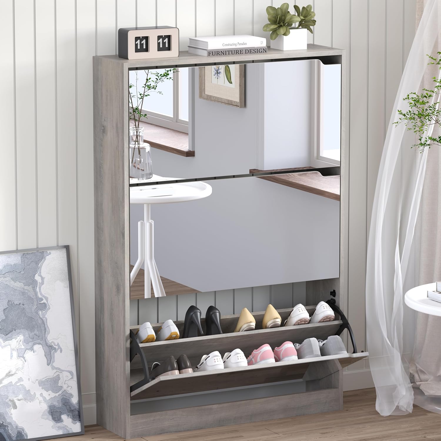 BORNOON Shoe Cabinet with 3 Flip Drawers, Hidden Wood Shoe Cabinet, Freestanding Shoe Storage Cabinet for Entryway Hallway.White. 47.2" H*31.5" W*9