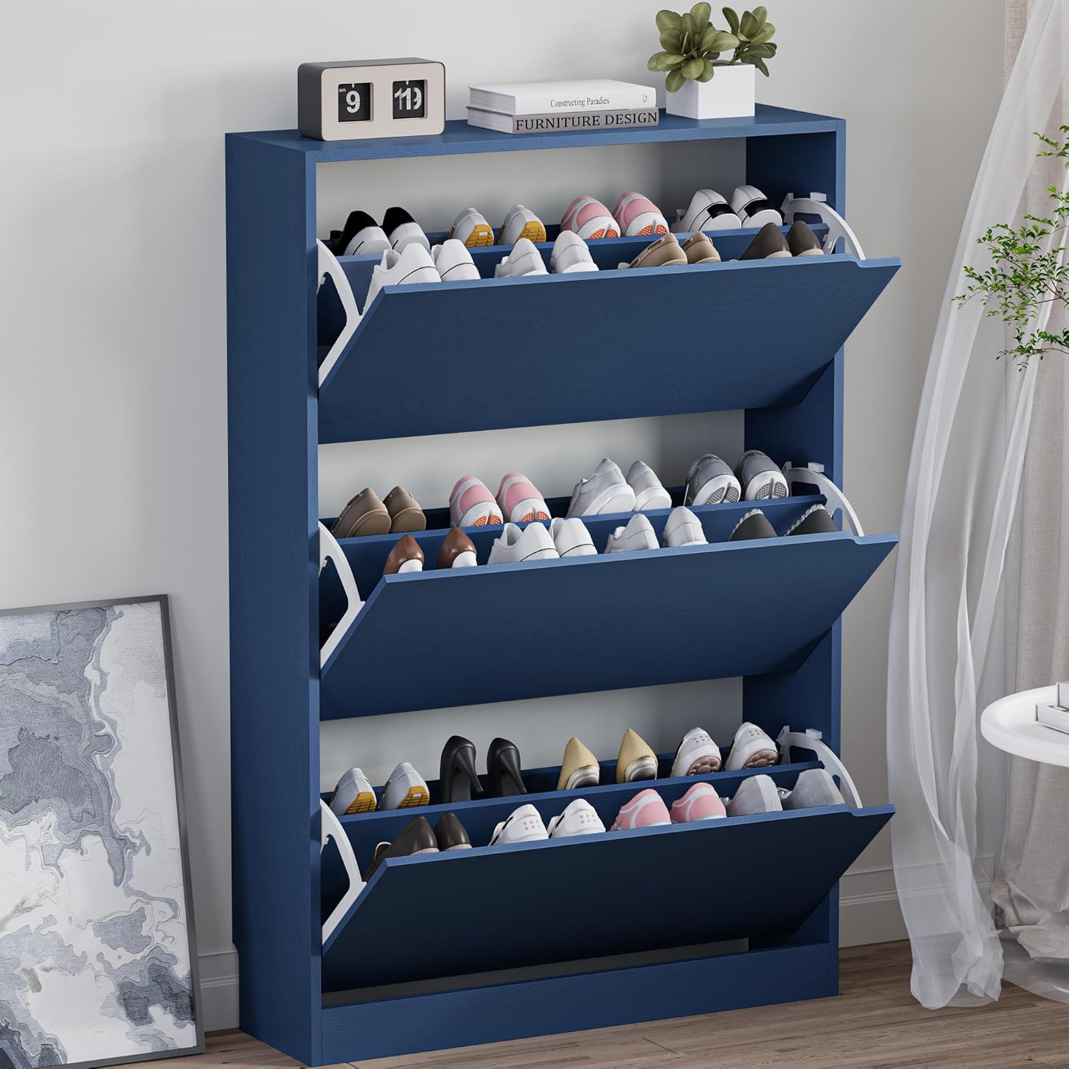 BORNOON Shoe Cabinet with 3 Flip Drawers, Hidden Wood Shoe Cabinet, Freestanding Shoe Storage Cabinet for Entryway Hallway.White. 47.2" H*31.5" W*9