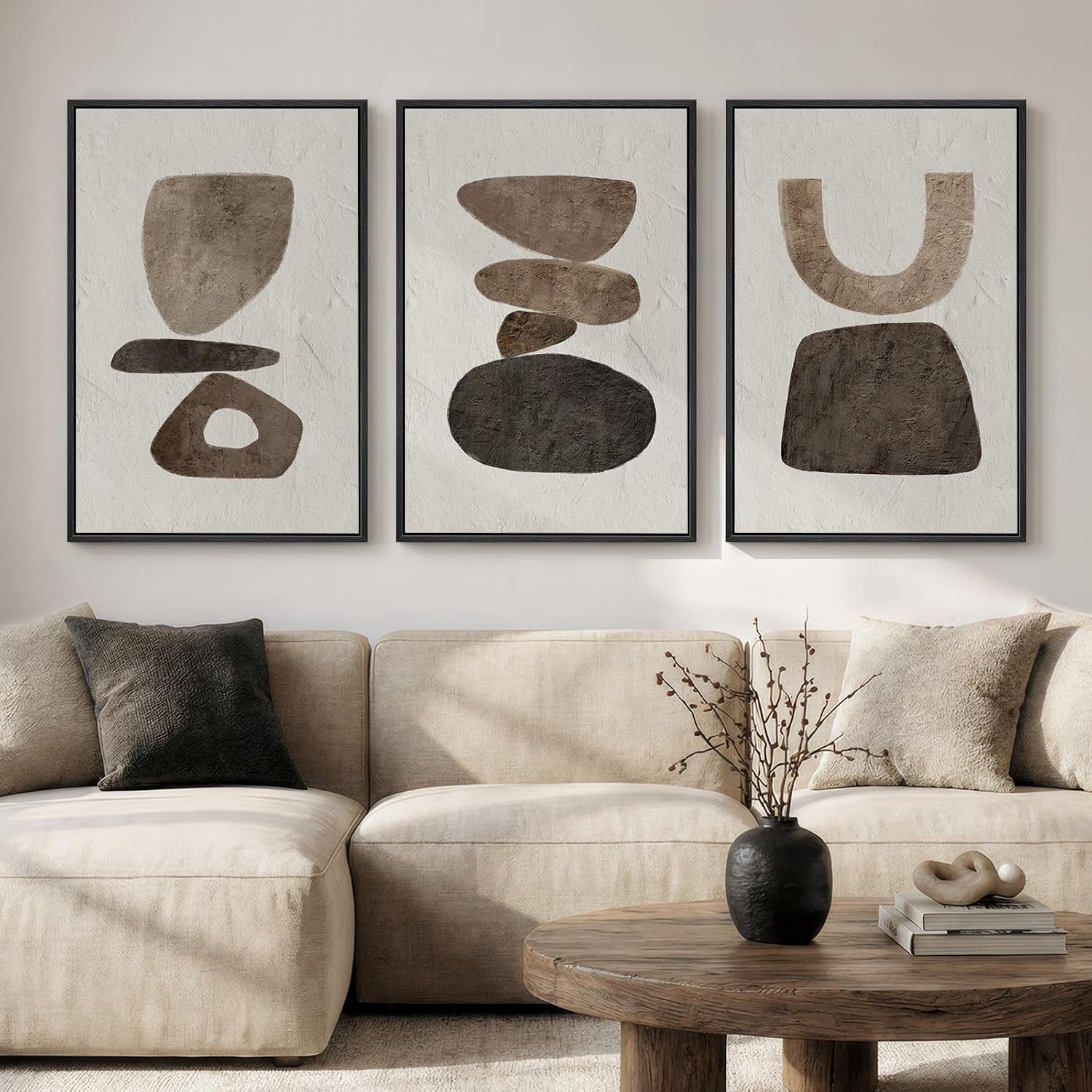 Large Framed Neutral Abstract Wall Art for Living Room, 3 Piece Modern Canvas Prints Paintings Artwork for Walls