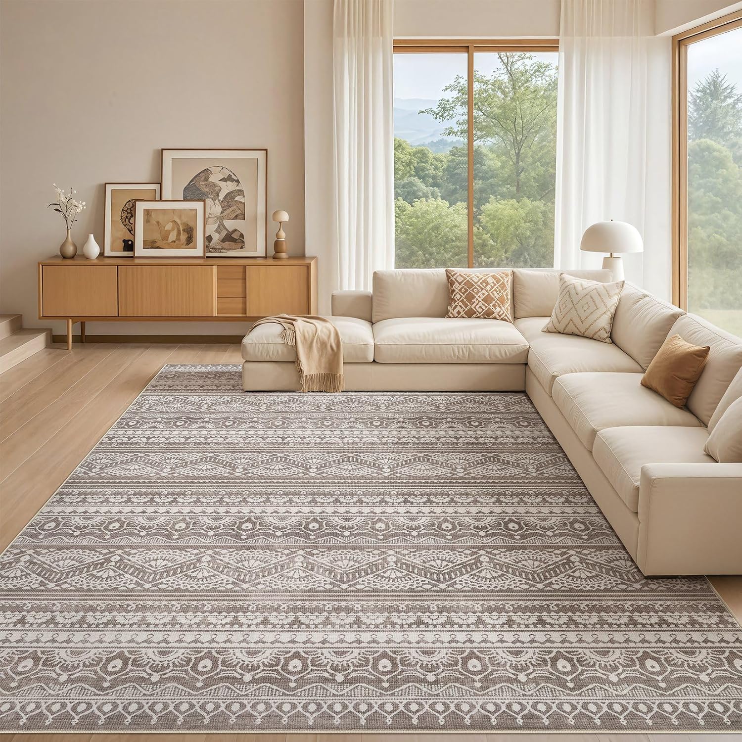 Tortania Area Rug Living Room Rugs - 10x12 Washable Large Soft Neutral Boho Moroccan Bohemian Farmhouse Rug Indoor Floor Carpet for Bedroom Under