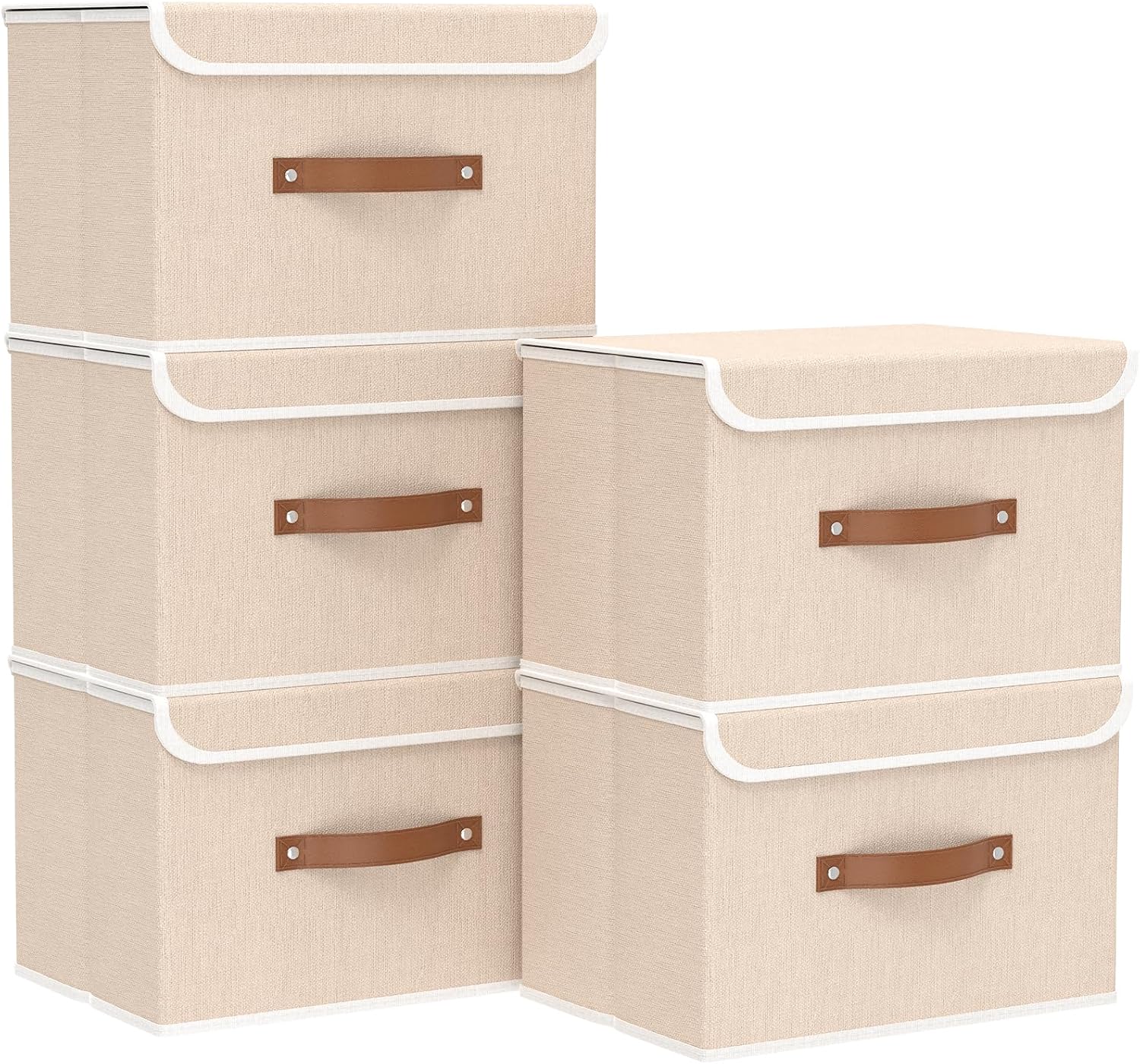 Yawinhe Storage Bins with Lids, Beige, 17.7x11.8x11.8in, 5-Pack, Fabric Container with Leather Handle, Washable Home Basket