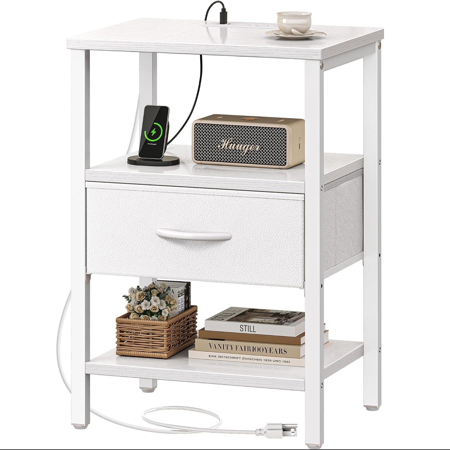 SUPERJARE Nightstand Set of 2, Bed Side Tables with Charging Station, Adjustable Fabric Drawer, Night Stand for Bedroom, 3-Tier Storage End Tables